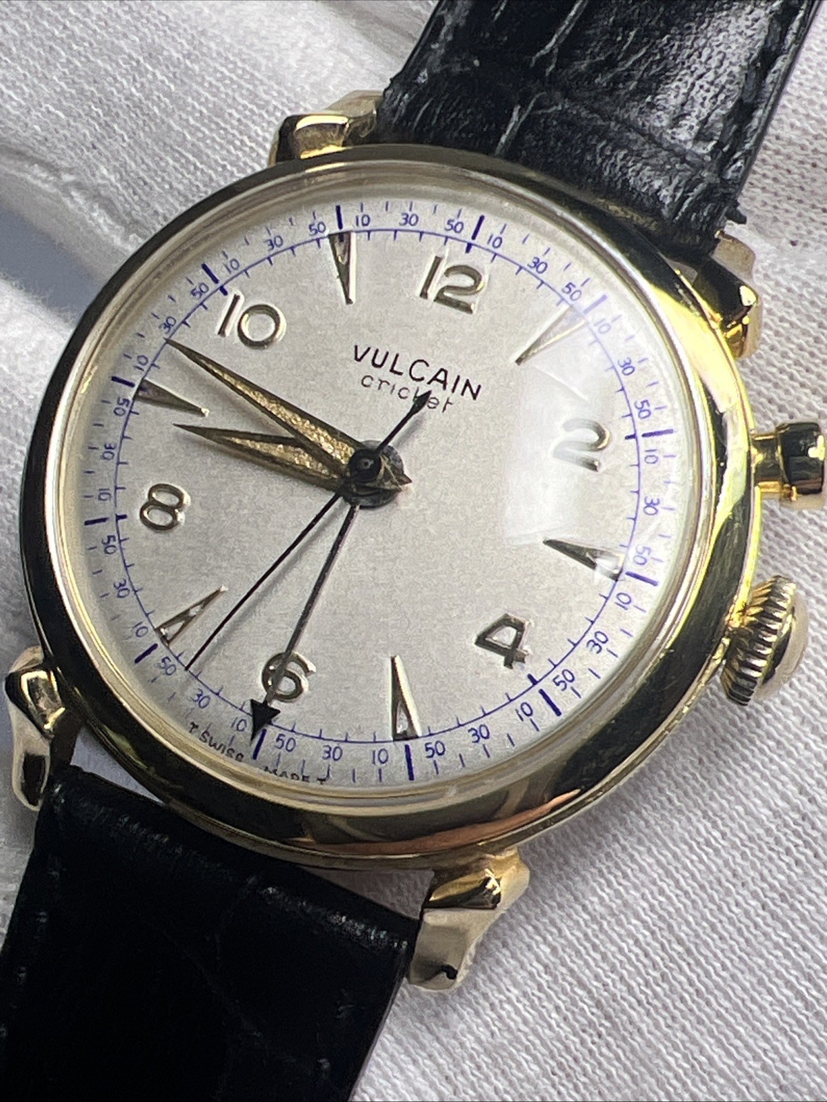 Vulcain Cricket Vintage 33.5mm Gold Tone Manual Wind Alarm Watch w/Black Leather
