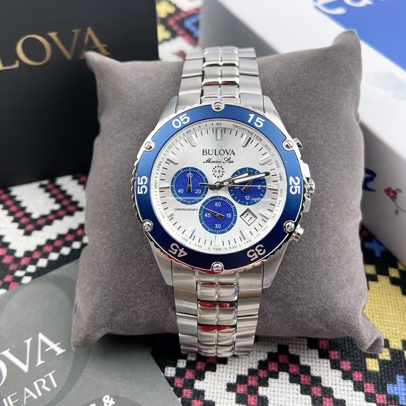 Bulova Marine Star Blue/White Chronograph 98B423 Quartz Men Silver Watch 41.5mm