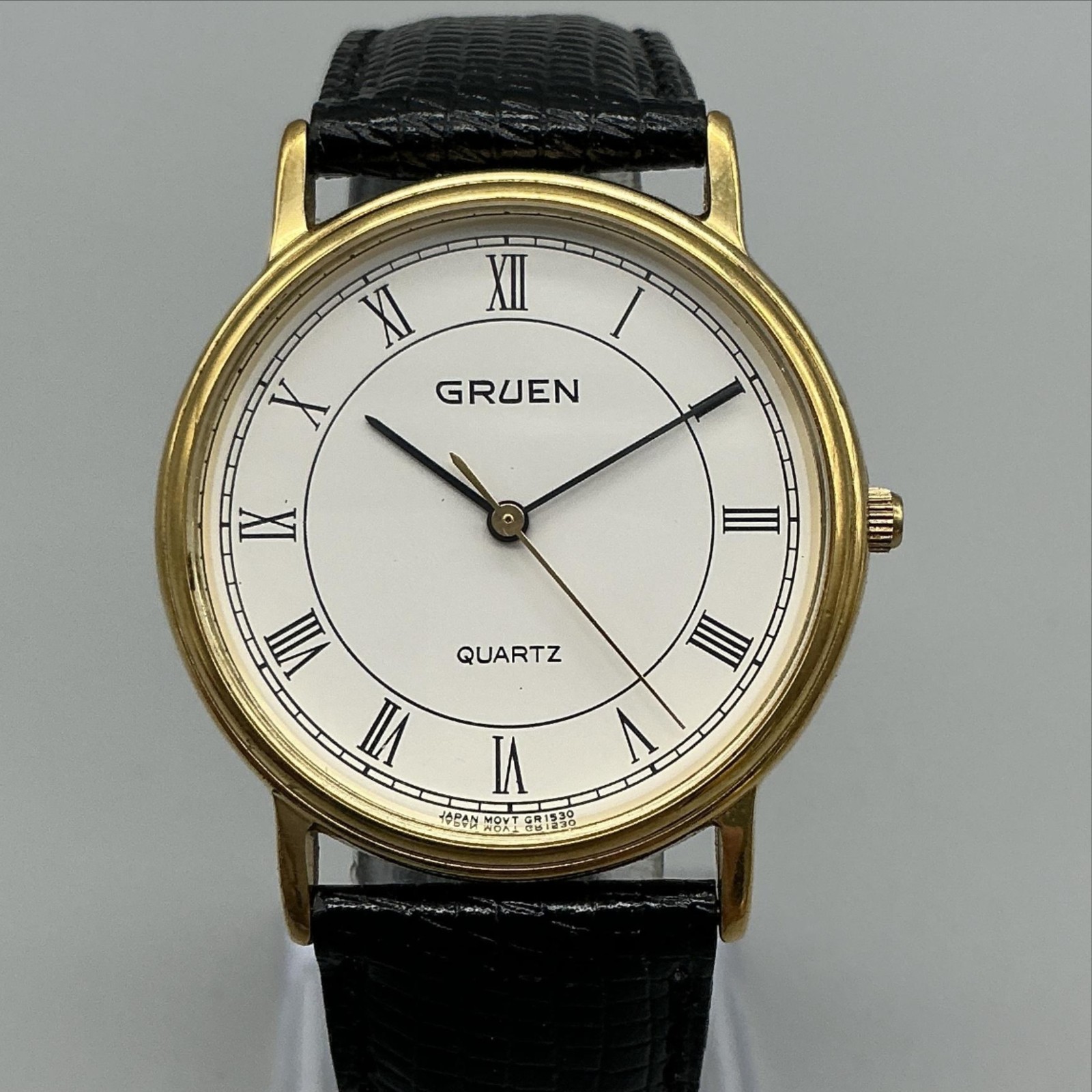 Gruen Mens Watch 32mm White Roman Dial Black Leather 243-GR1530 New Battery