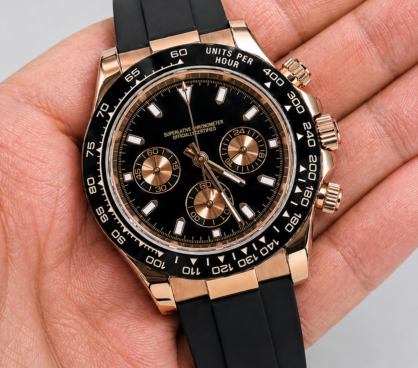 Custom Built – Rose Gold Black Chronograph Style – 40mm Sport Rubber Watch