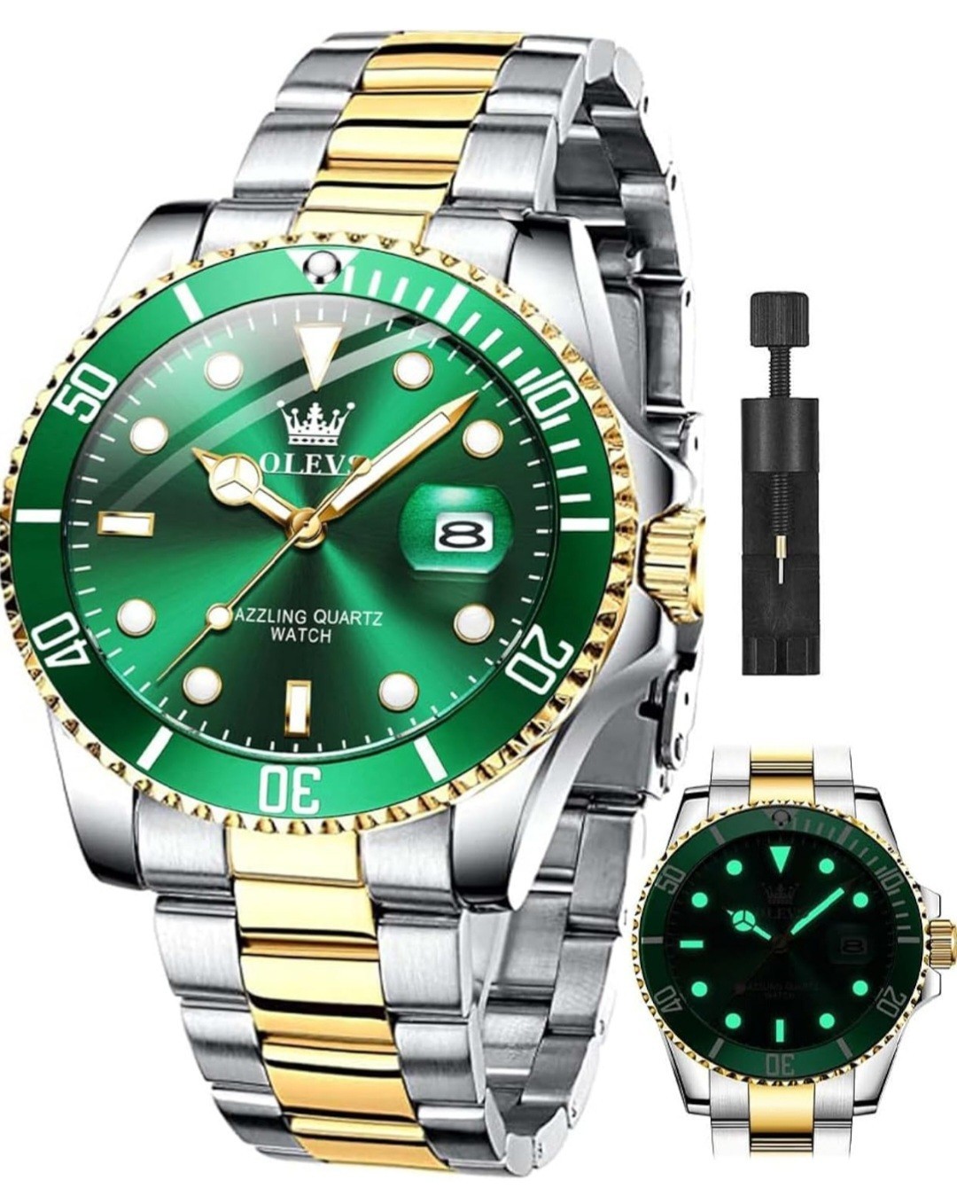 OLEVS Men’s Quartz Wristwatch Green Dial Two-Tone Bracelet Date Luminous 41mm