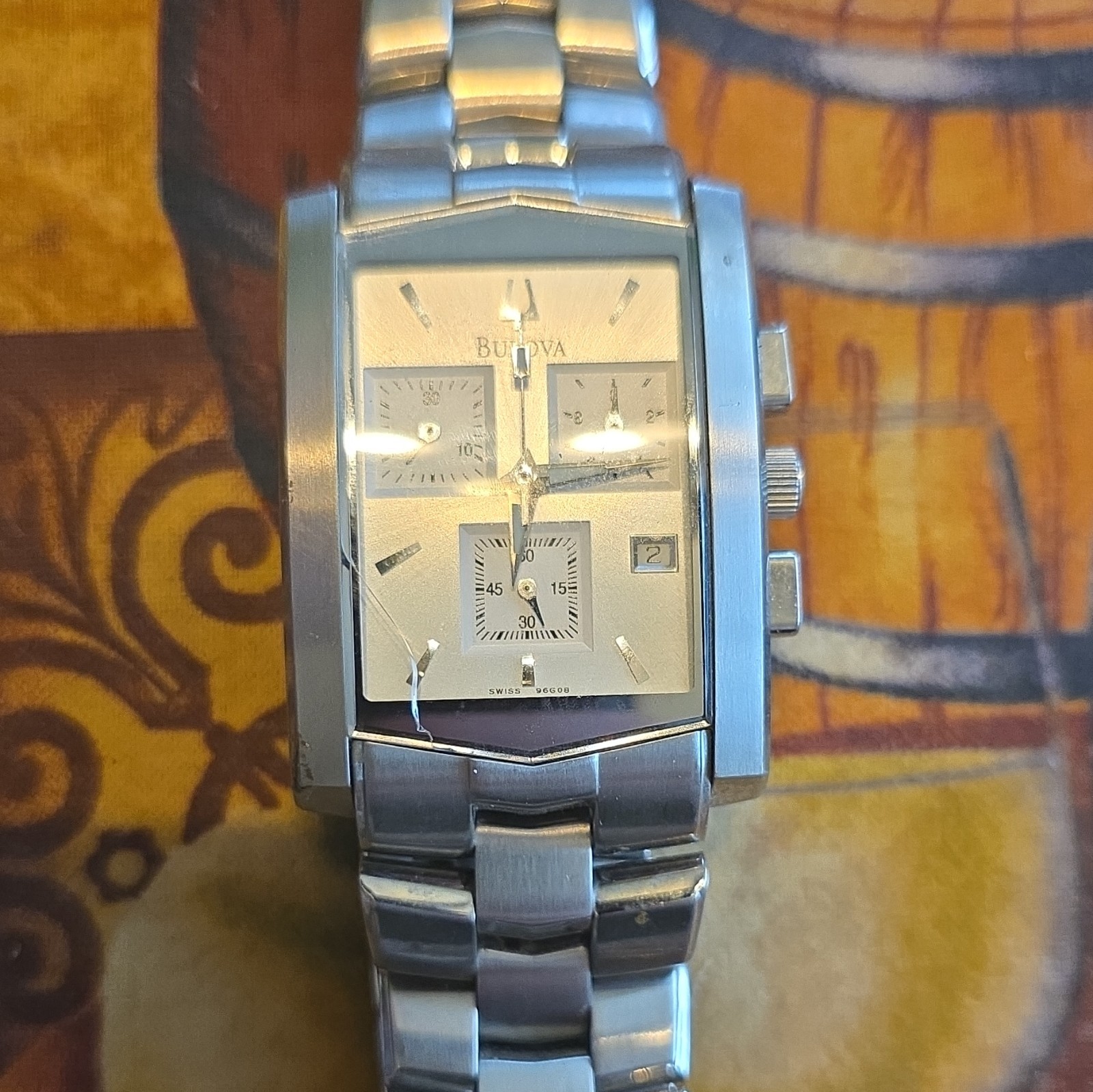 Bulova Men’s Rectangle Stainless Steel Quartz Chronograph Date Watch Silver Dial