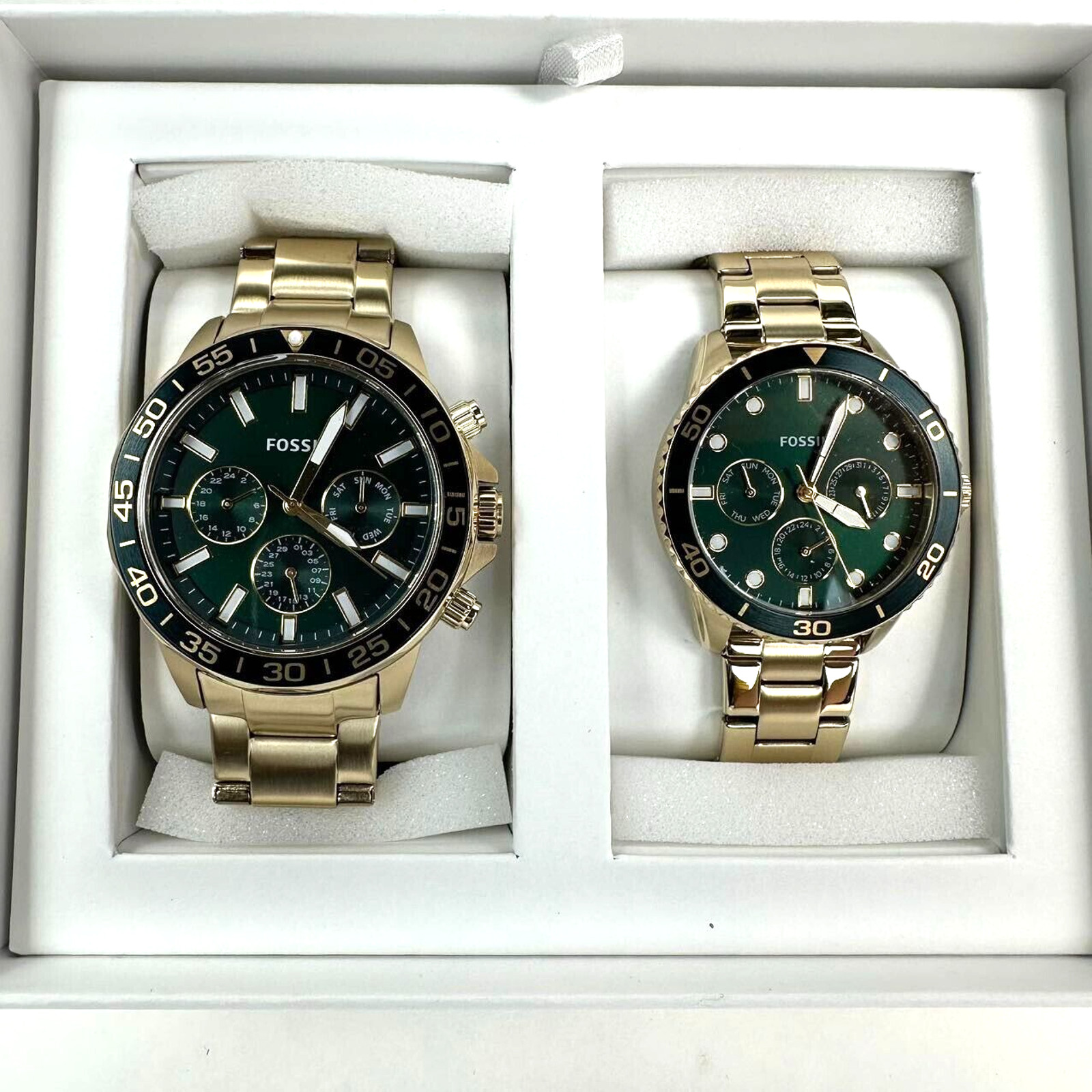 Fossil Golden Green Chronograph Stainless Steel Couples Watch Set BQM2754SET