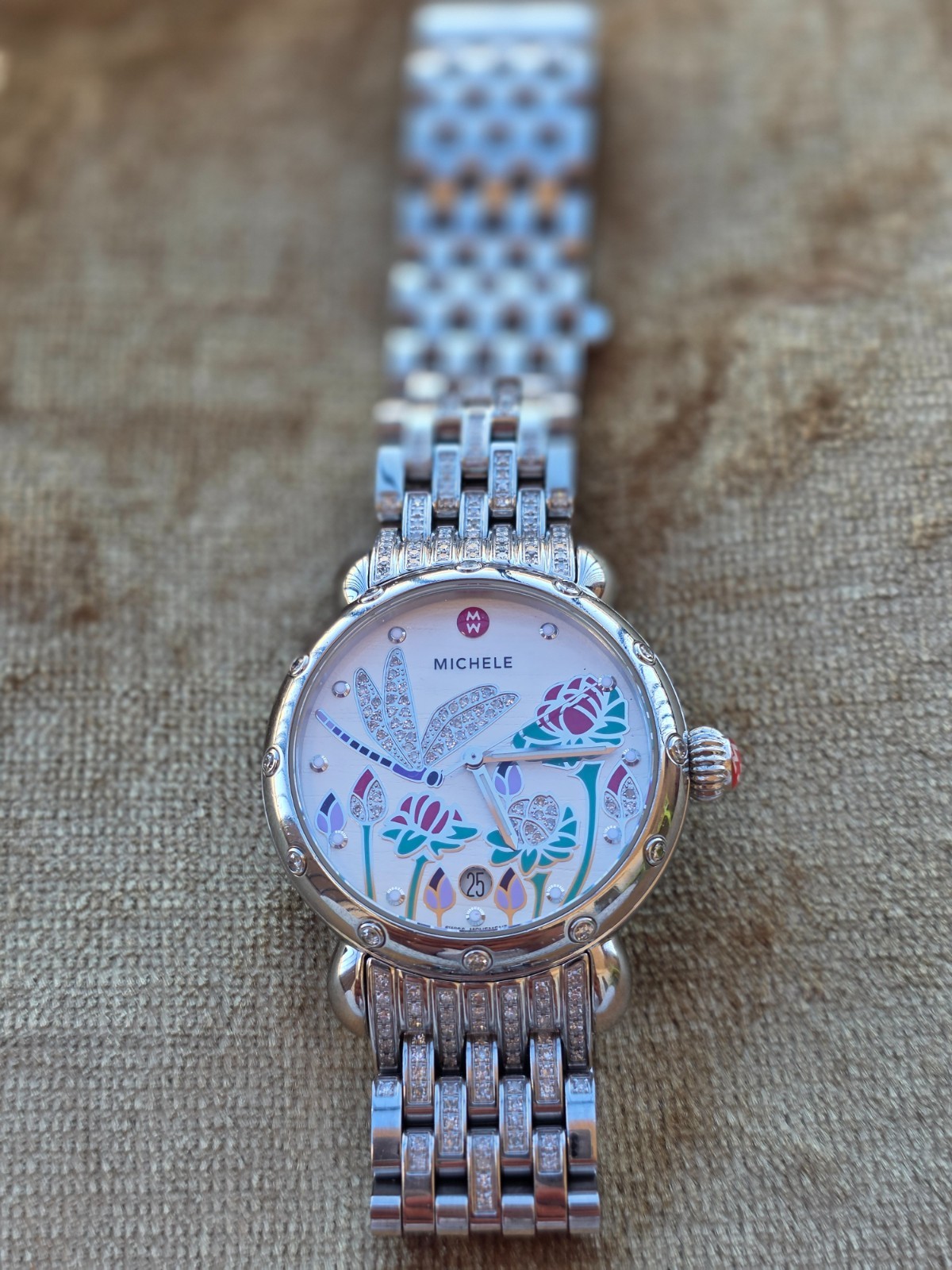 Michele Garden Party Watch-Dragonfly Original Stainless Steel Band, No Scratches