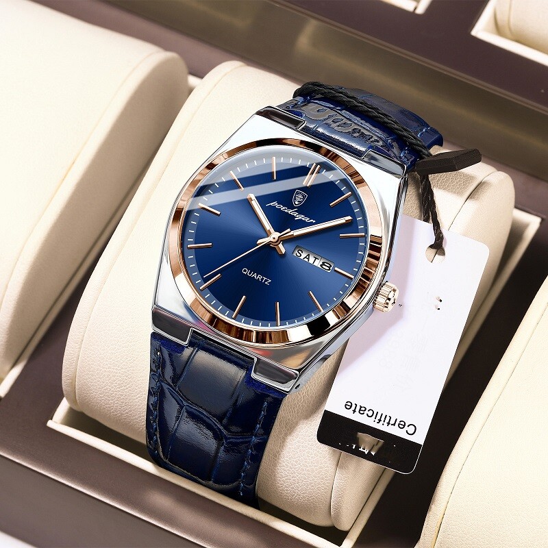 POEDAGAR Fashion Analog Men Watch Waterproof Luminous Leather Quartz Wristwatch