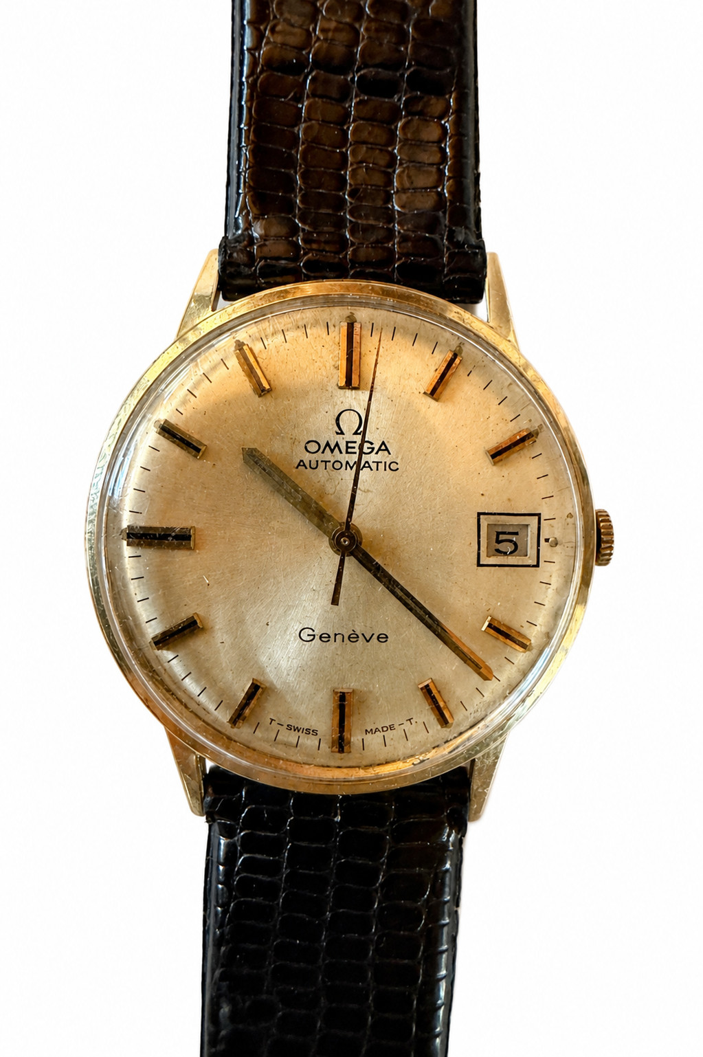 Vintage Omega Genève Automatic Date Watch 18K Gold Back 24 Jewel Runs Great