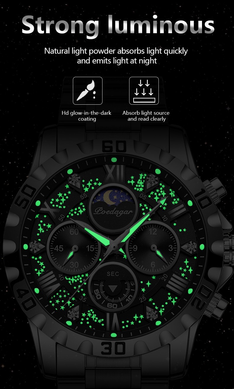 POEDAGAR Luxury Men’s Quartz Watch 3ATM Luminous Stainless-Steel Chronograph