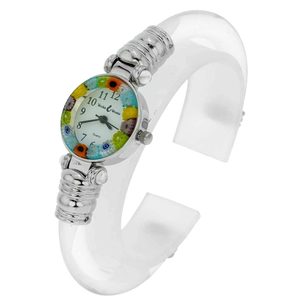 GlassOfVenice Murano Glass Millefiori Bangle Watch – Silver Clear Multicolor