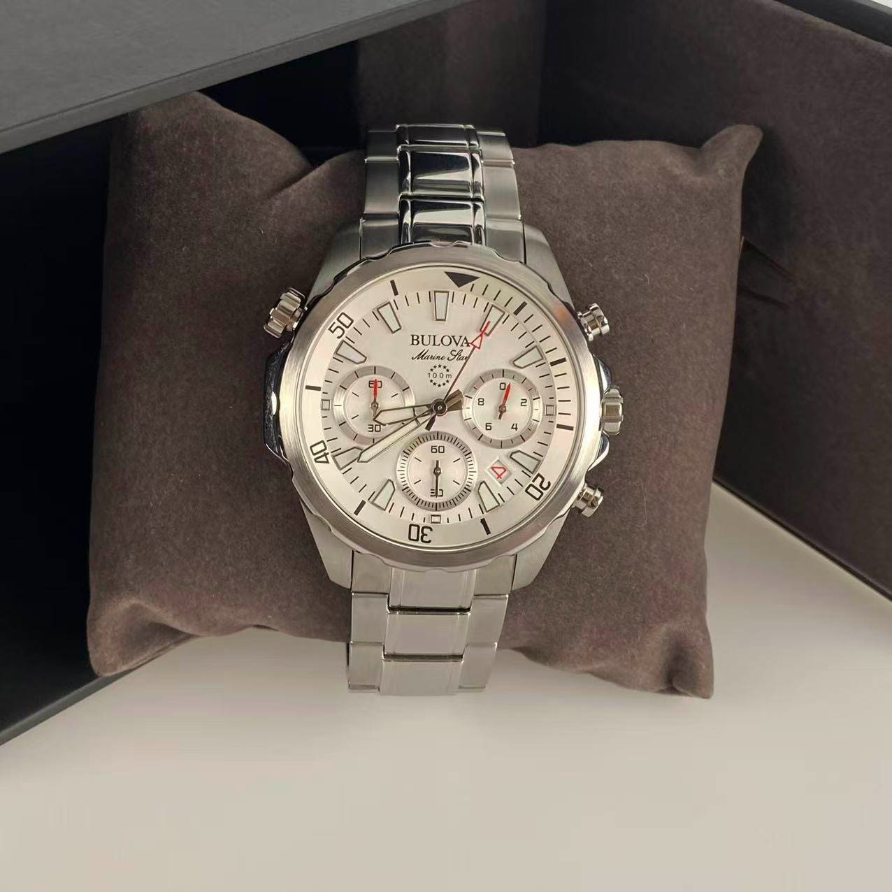 New Bulova Marine Star 96B255 White Dial Men’s Chronograph Quartz Watch 43mm
