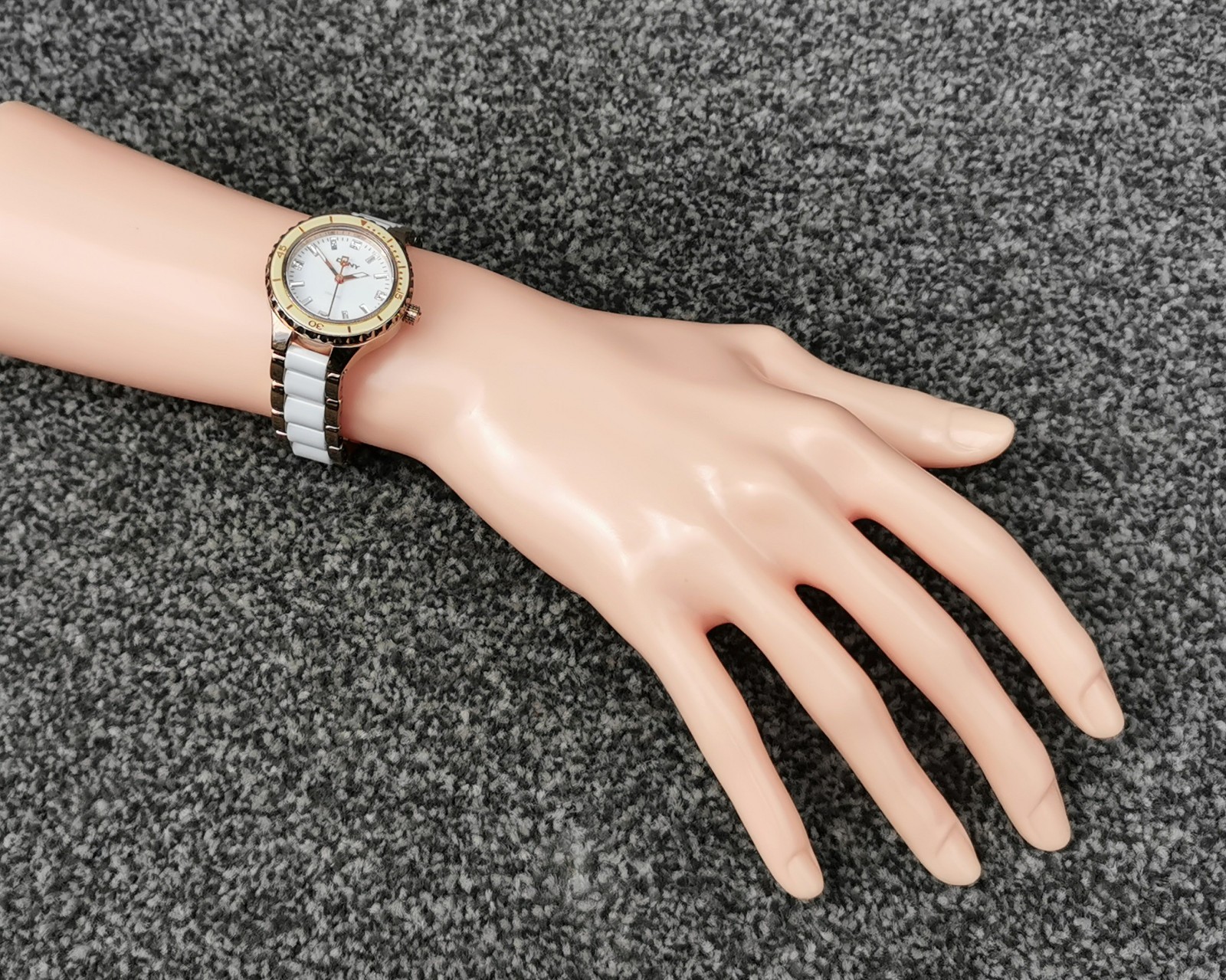 DKNY NY850 Rose Gold Watch, White Round Dial Ceramic Bracelet, Deployment Clasp