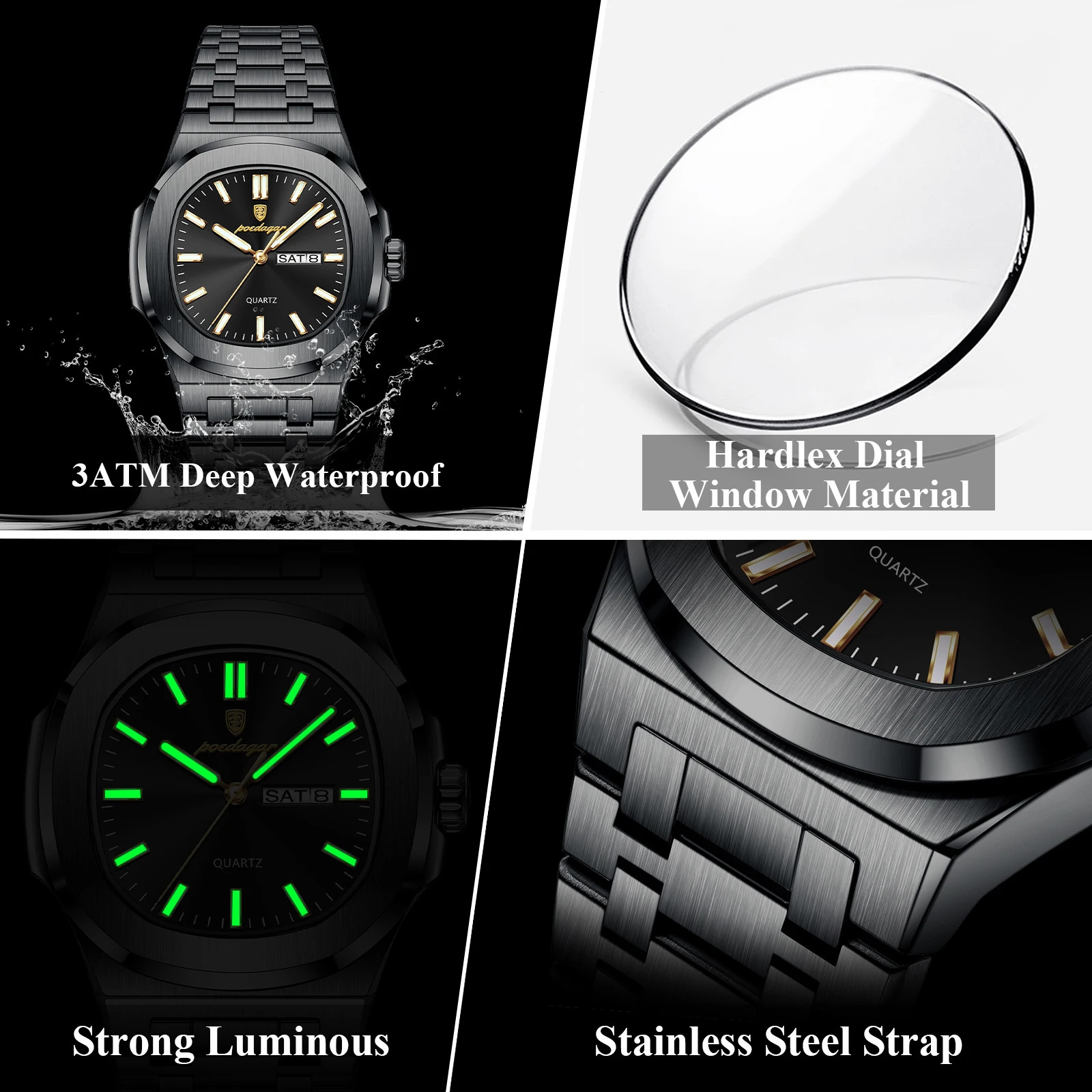 Men’s Luxury Square Dial Quartz Watch Stainless Steel Waterproof Luminous Date