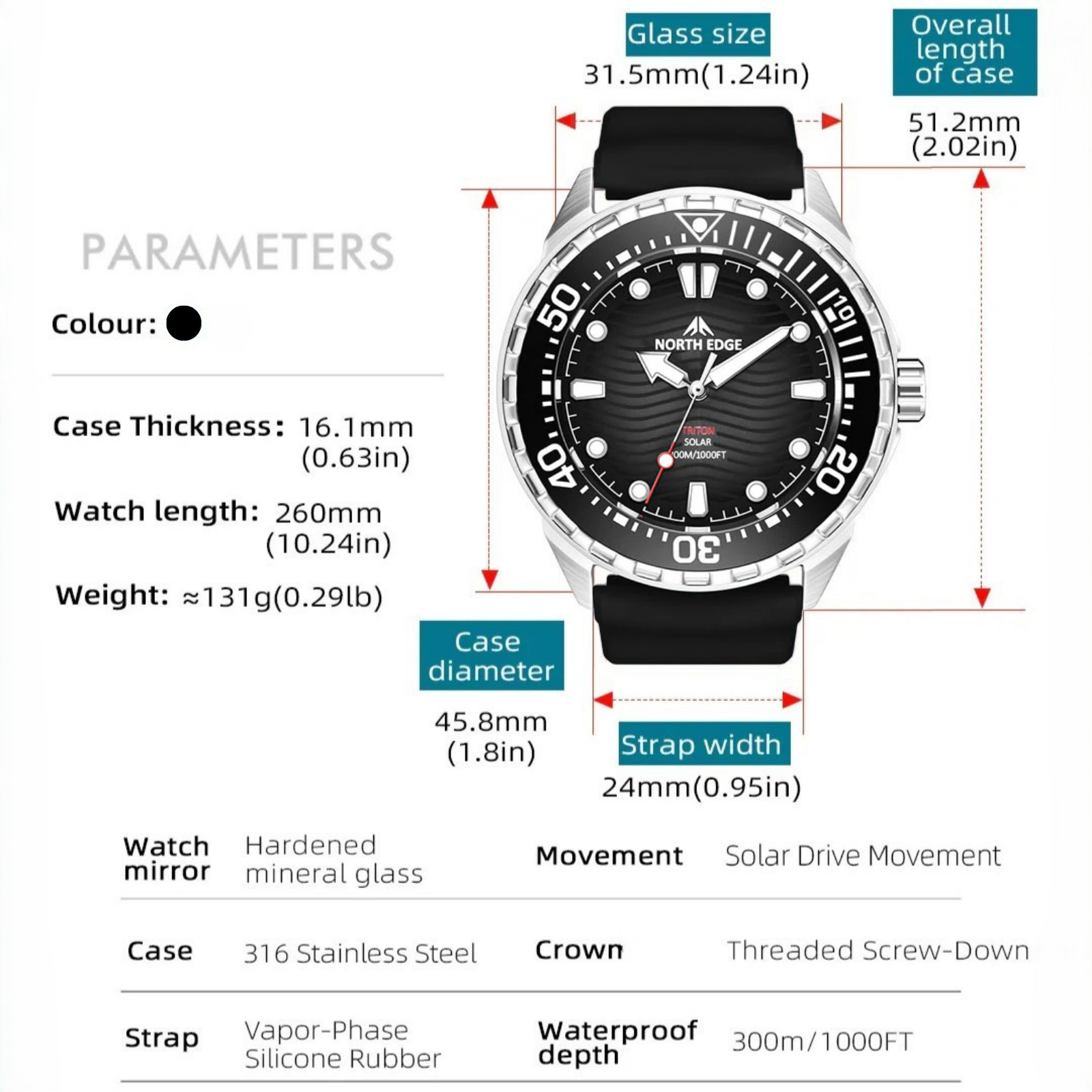 North Edge TRITON Solar Dive Watch Phantom Black 45.8mm 300m Waterproof – New UK