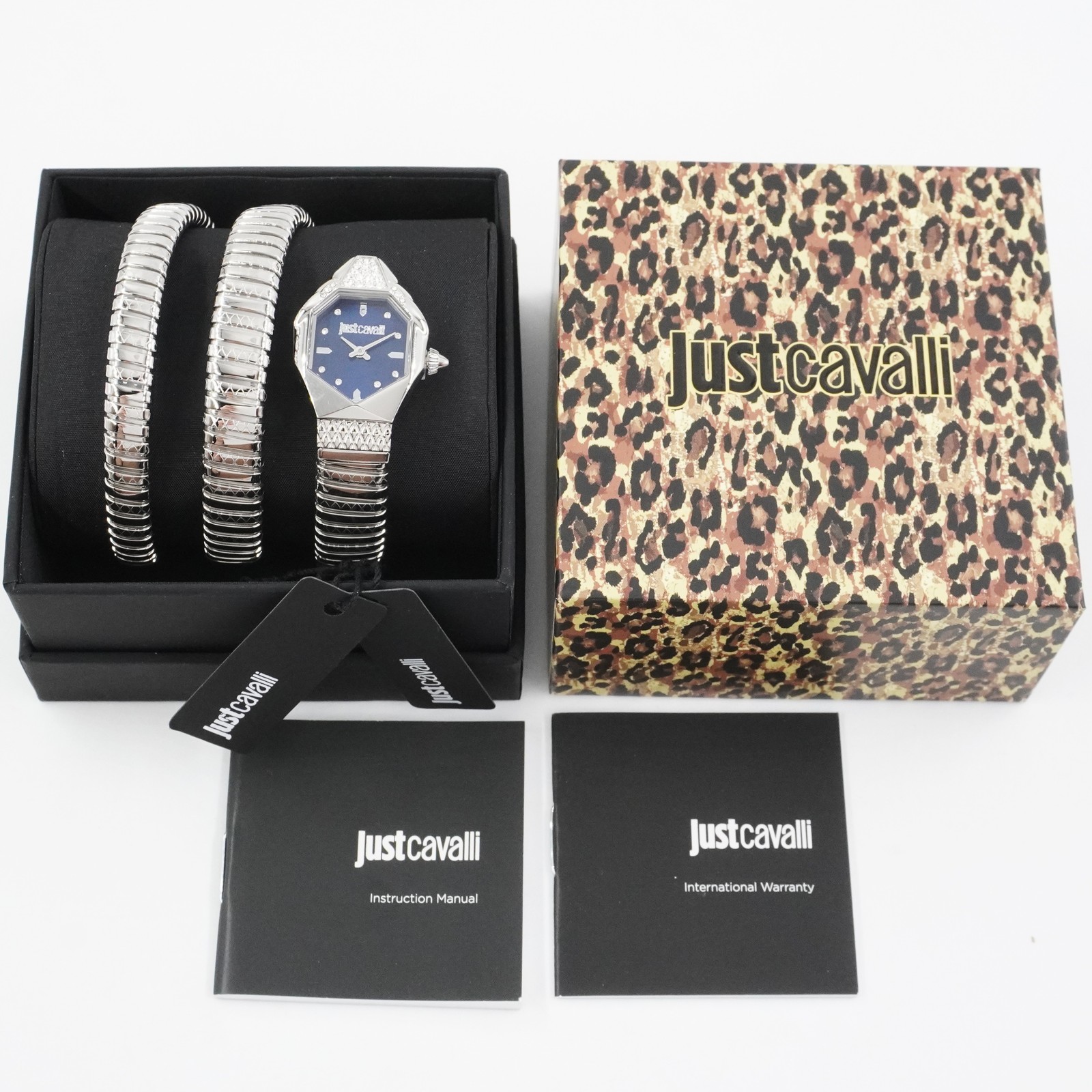 Just Cavalli Ambra Snake Quartz Silver 22mm Ladies Watch With Night Blue Dial