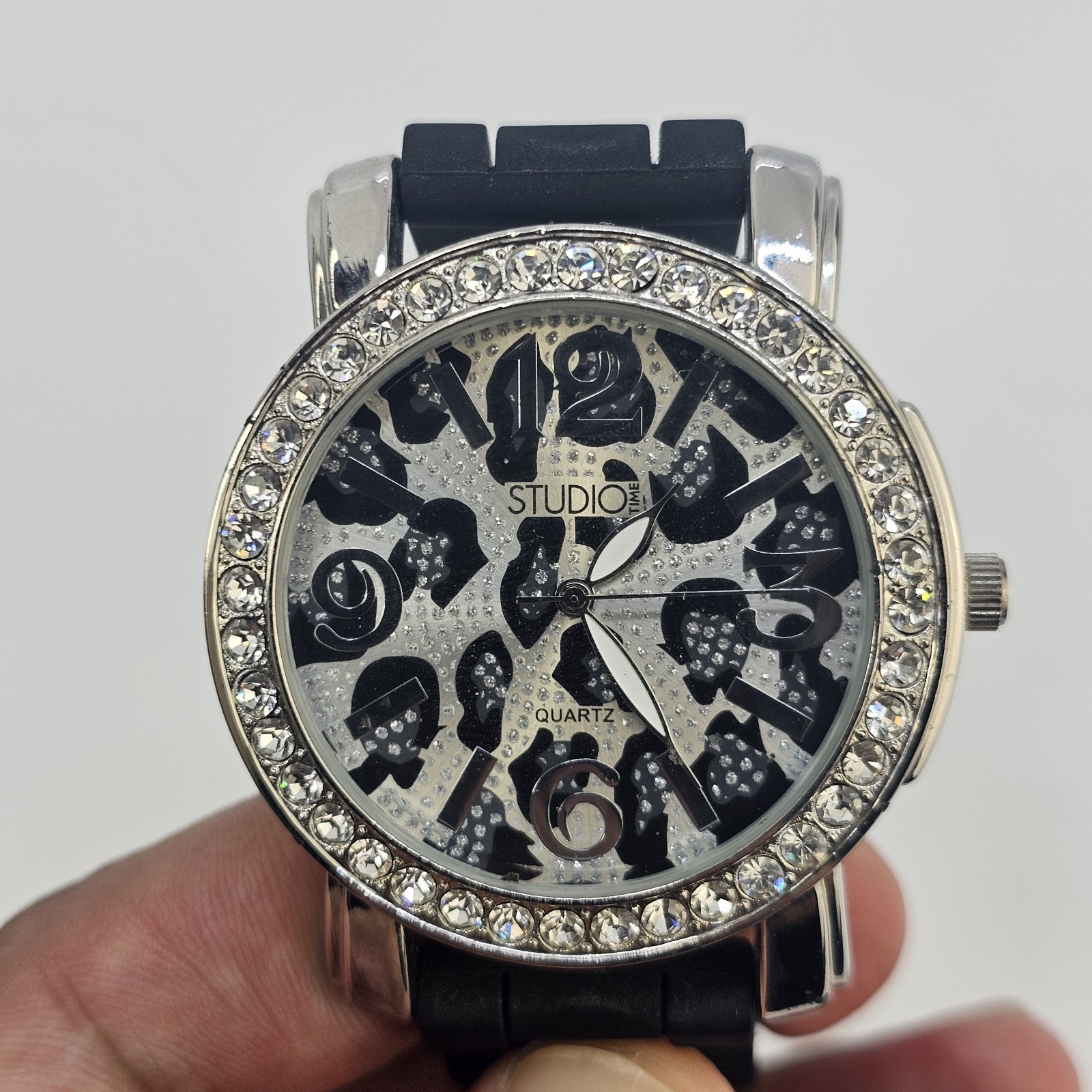 Studio Women’s Watch 42MM Animal Print Dial Black Plastic Bands New Battery