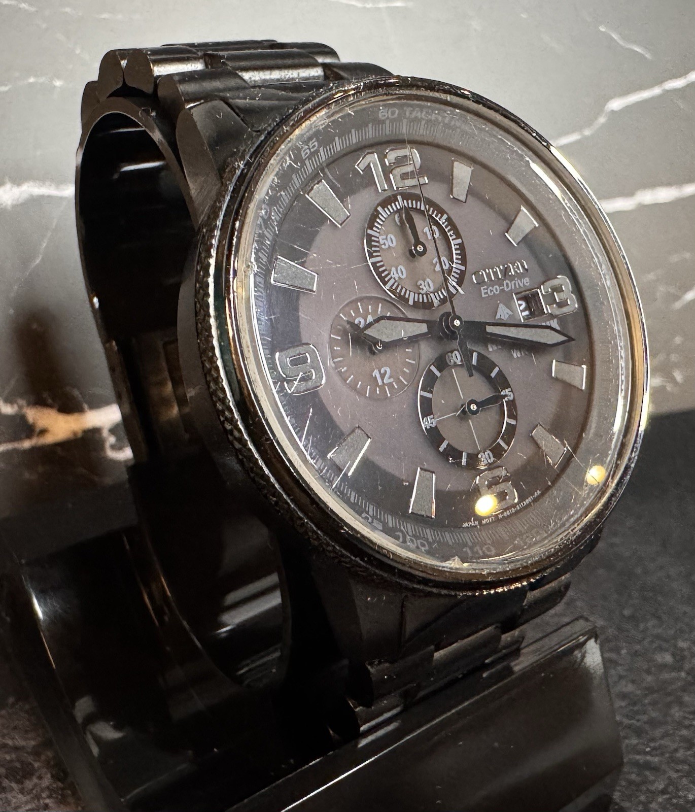 Citizen Eco-Drive Nighthawk Black Ion Chronograph B877 Men’s Watch 200M Tested