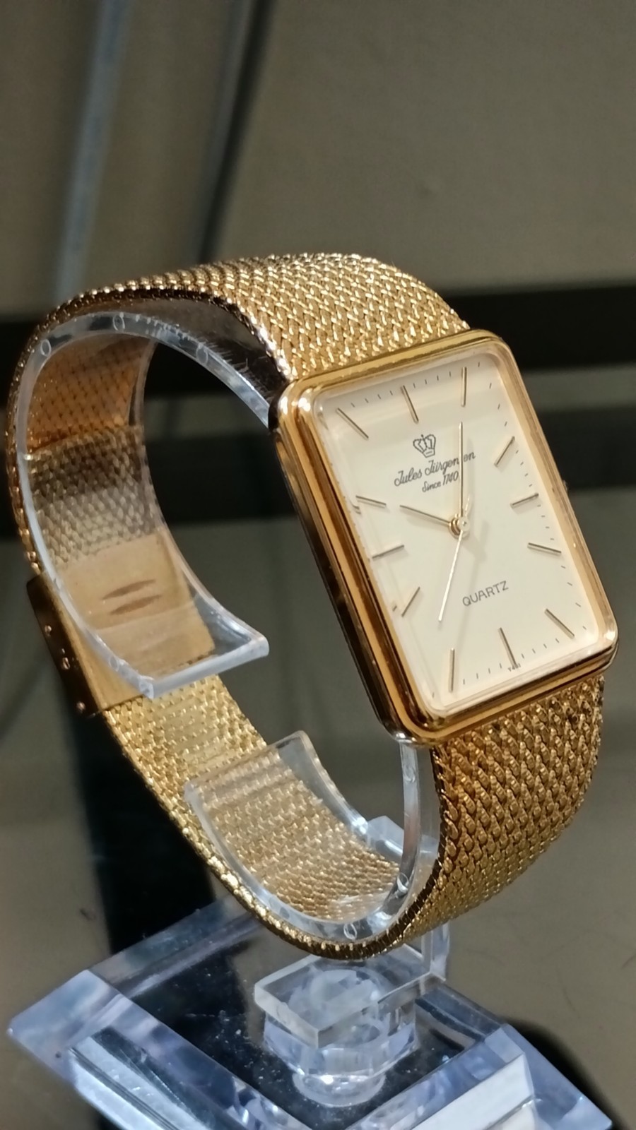 JULES JURGENSEN Rectangular Vintage Men’s Watch Gold Tone Quartz 26 mm Box