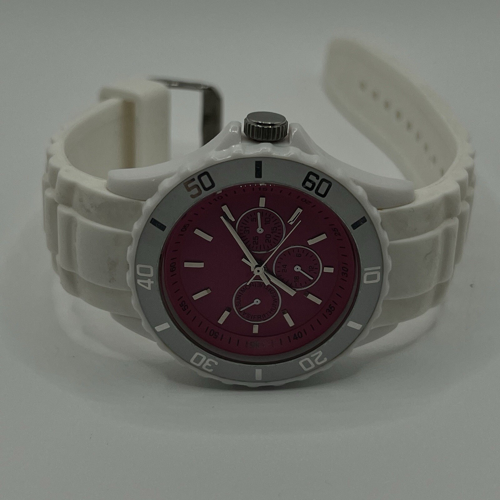 Xhilaration Womens Pink White Rubber Jelly Watch Silicone Band Rotating Bezel