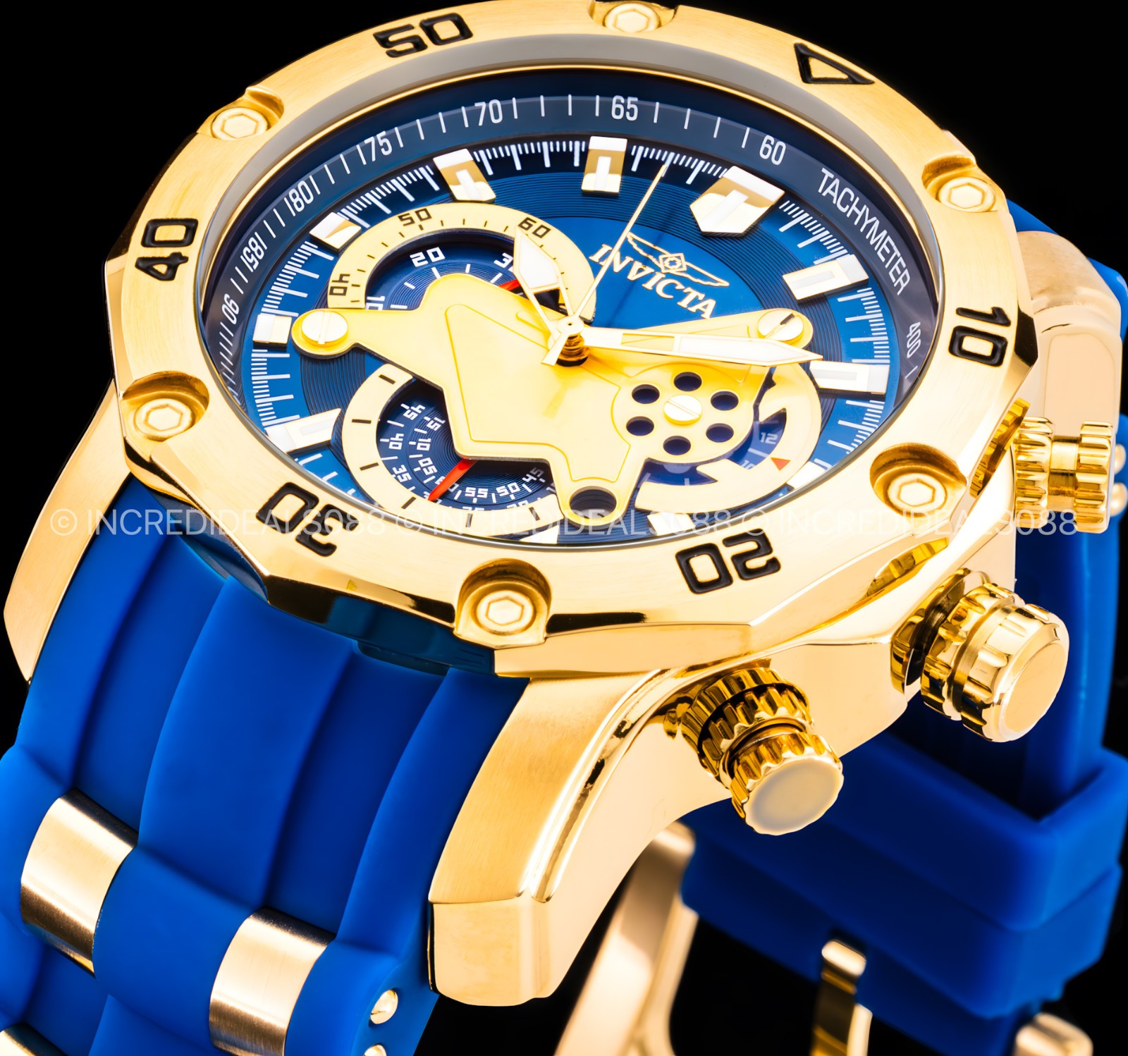 Invicta Mens PRO DIVER SCUBA Chronograph 18K GOLD BLUE Dial Strap Watch