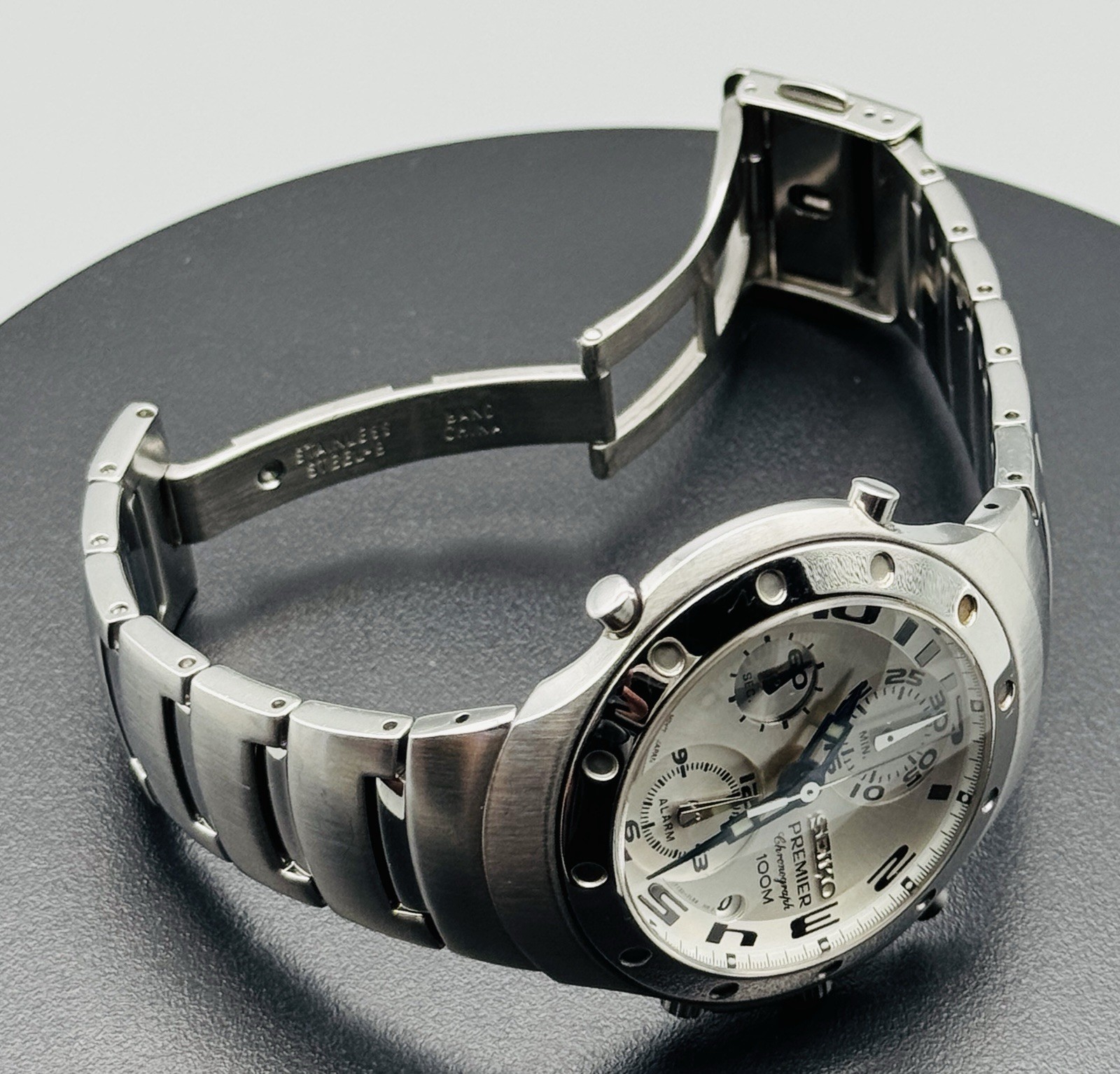 Vintage Seiko Premier Watch Chronograph Alarm Sapphire Crystal 7T32-7H80 Panda