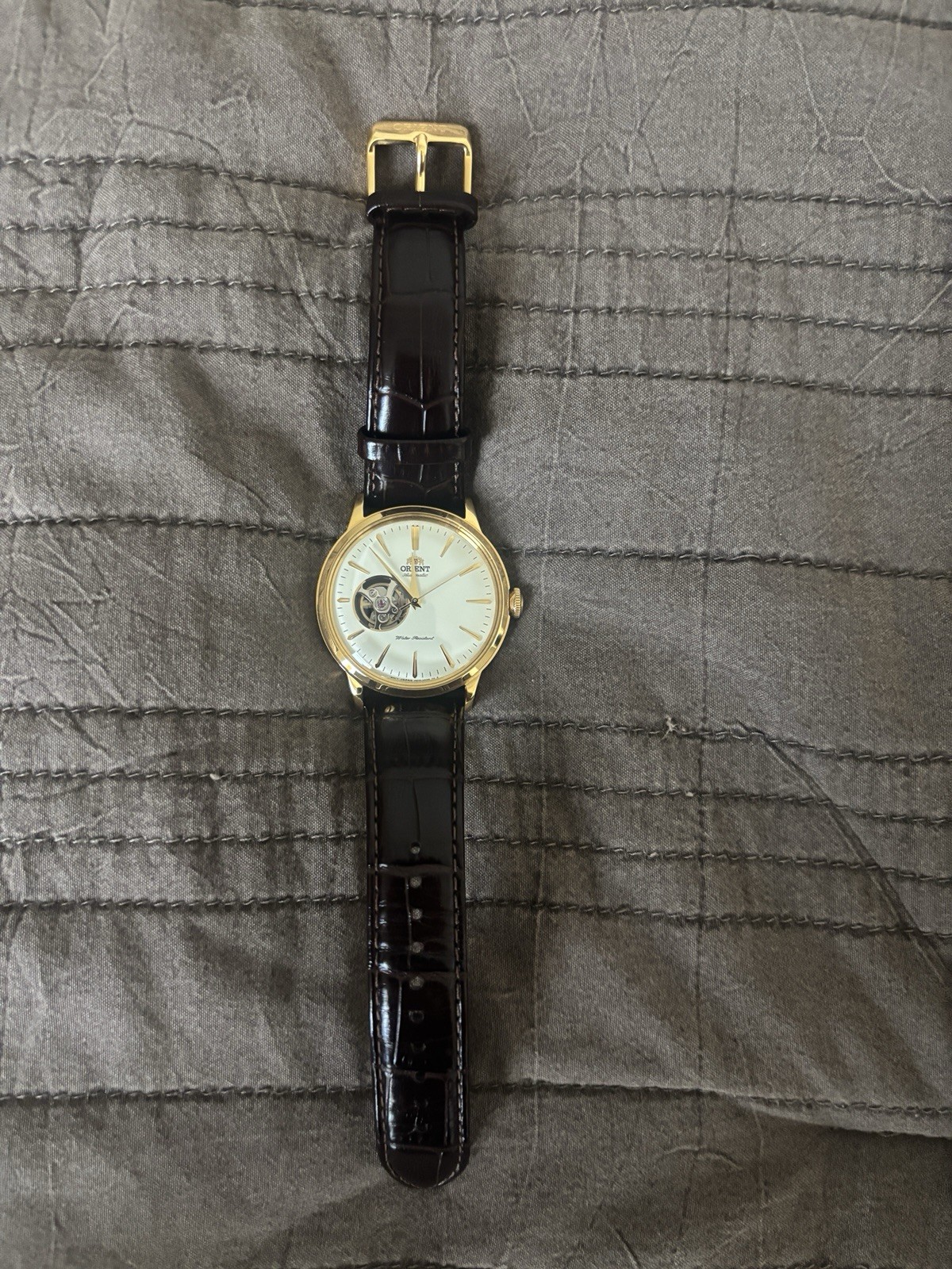 Orient Bambino Open Heart Automatic White Dial Gold Case, Maroon Strap, Worn 3x