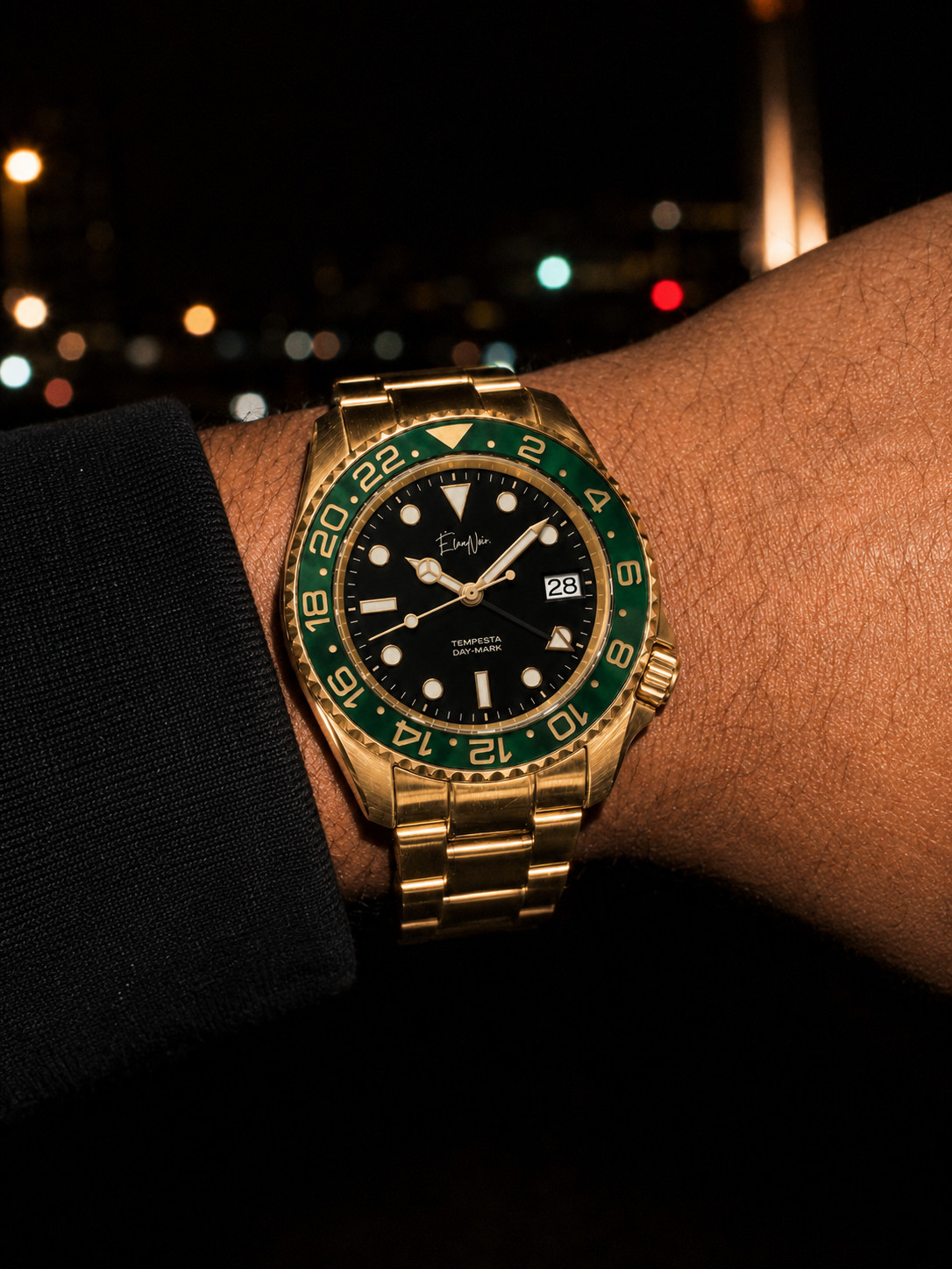 Custom Élan Noir Tempesta Automatic GMT Watch 41mm Steel Gold/Black/Green NH35