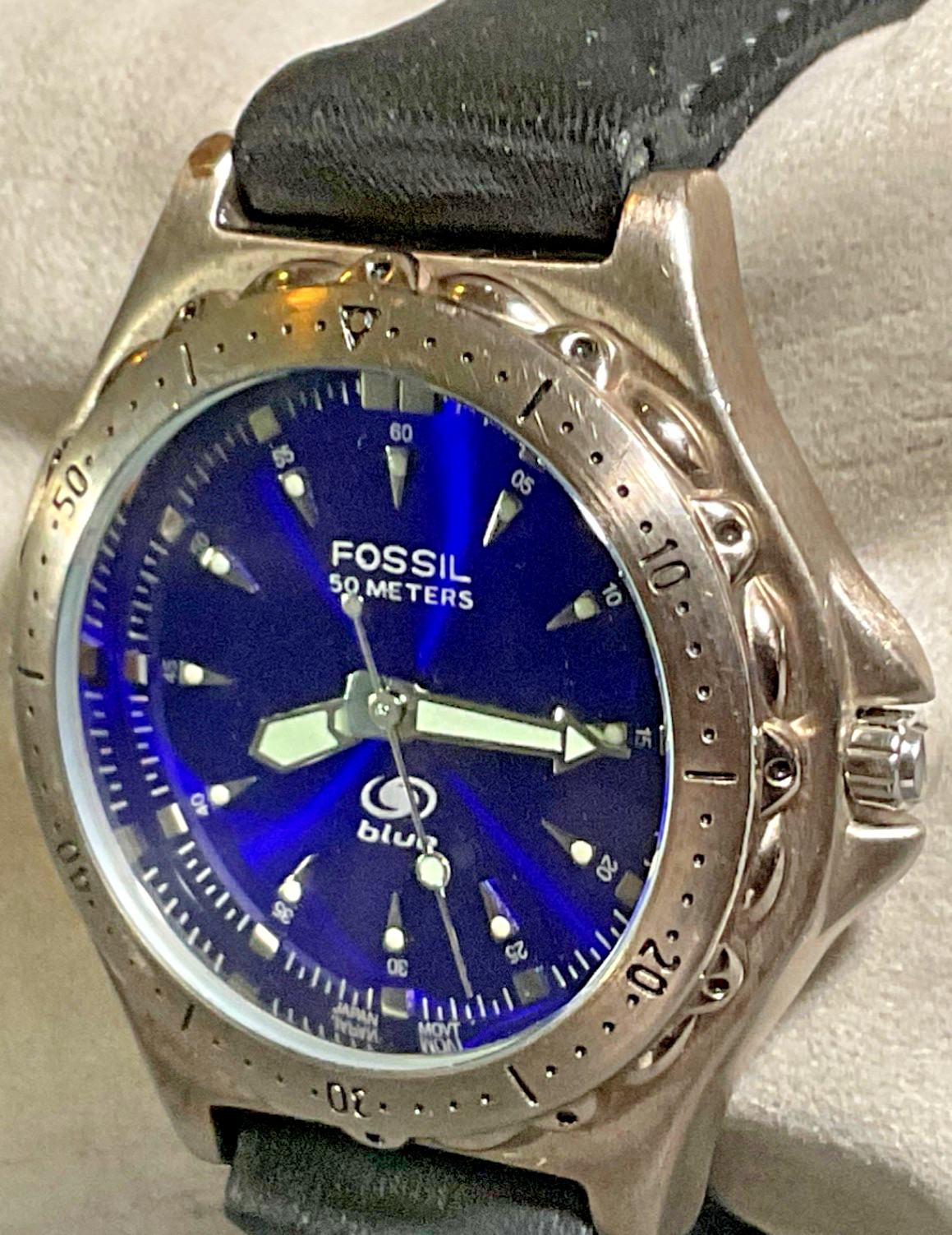 FOSSIL BLUE VINTAGE AM-3134 MENS 41mm WATCH BLUE DIAL NEW BATTERY