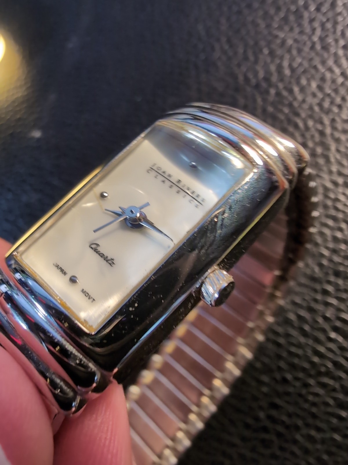 VTG Joan Rivers Classics Tank Style Mop Dial Silver Tone Watch Stretch 924QBS