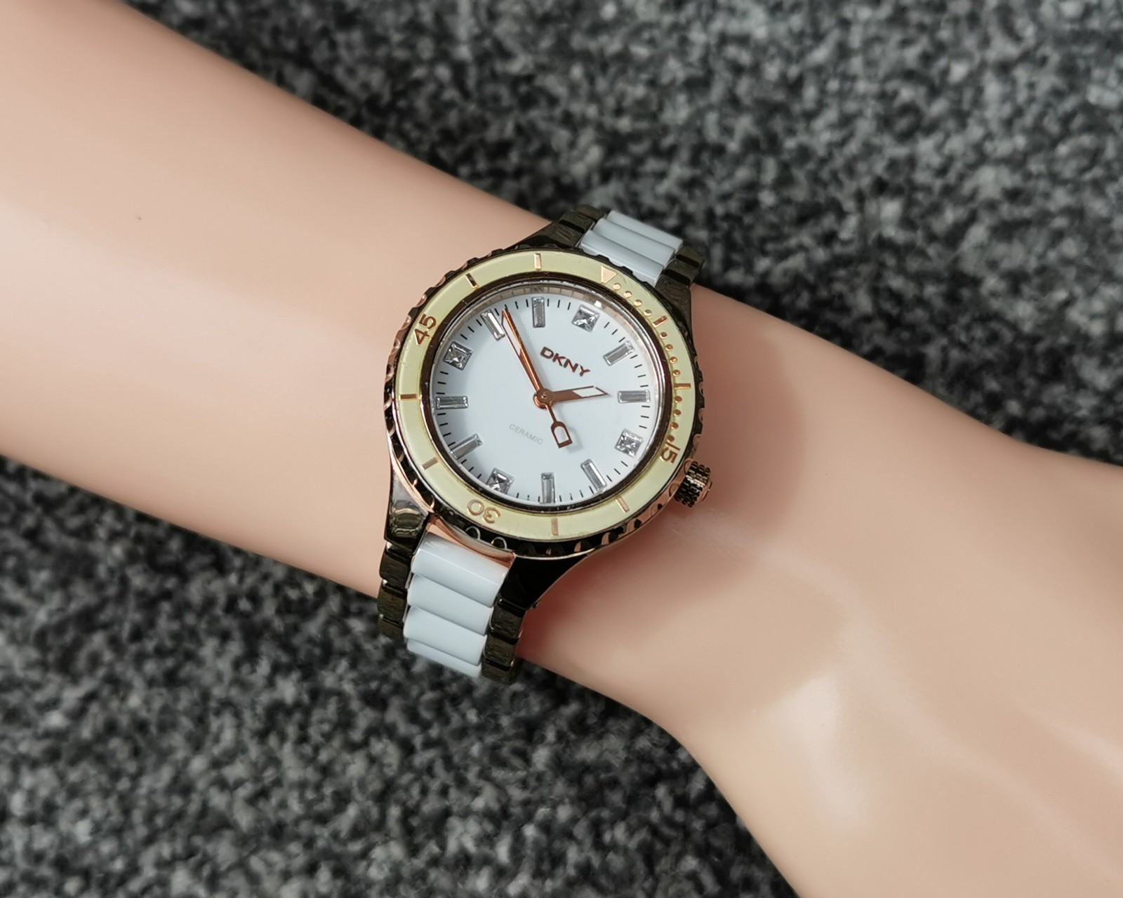 DKNY NY850 Rose Gold Watch, White Round Dial Ceramic Bracelet, Deployment Clasp