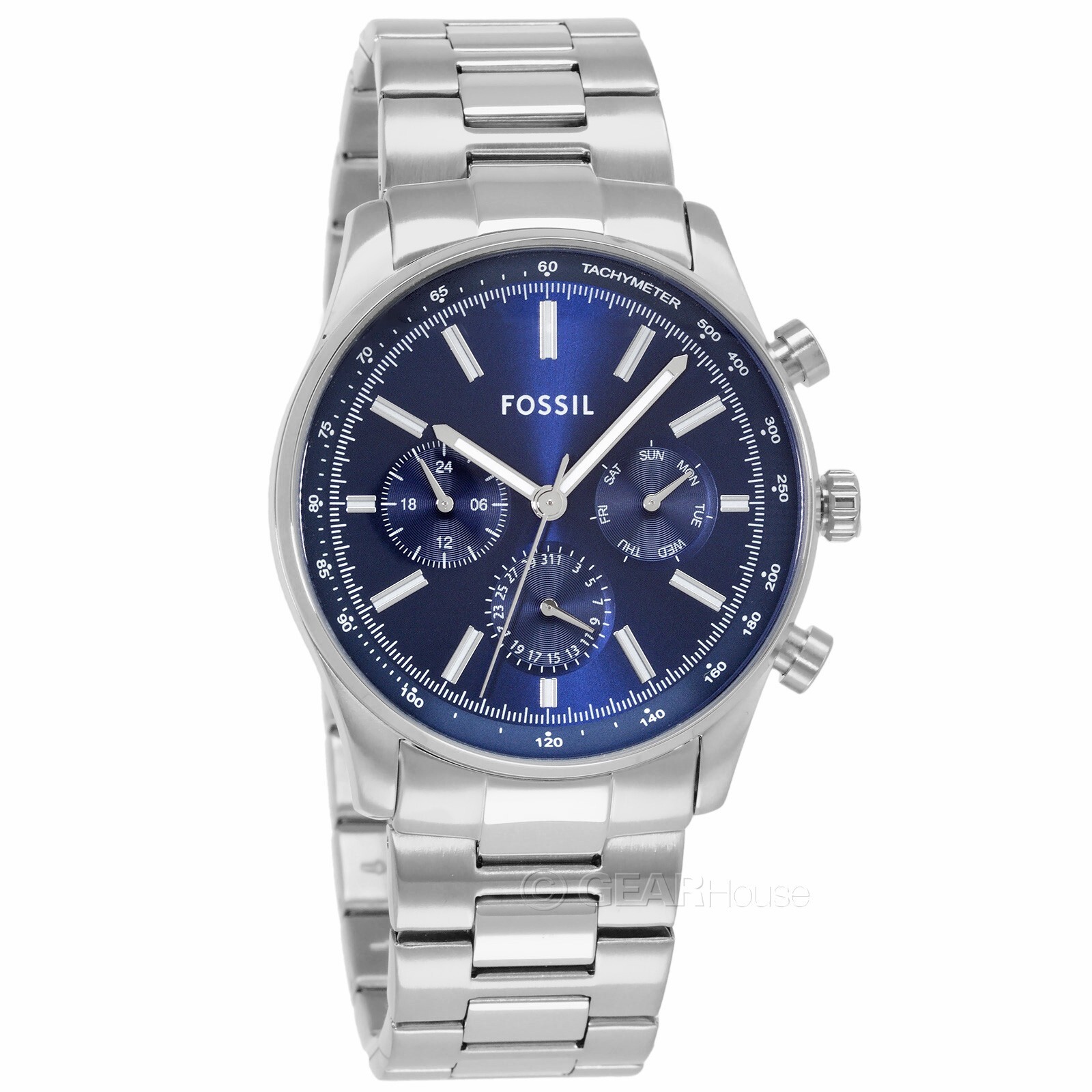 FOSSIL Sullivan Mens Multifunction Watch, Blue Dial, Silver Stainless Steel Band