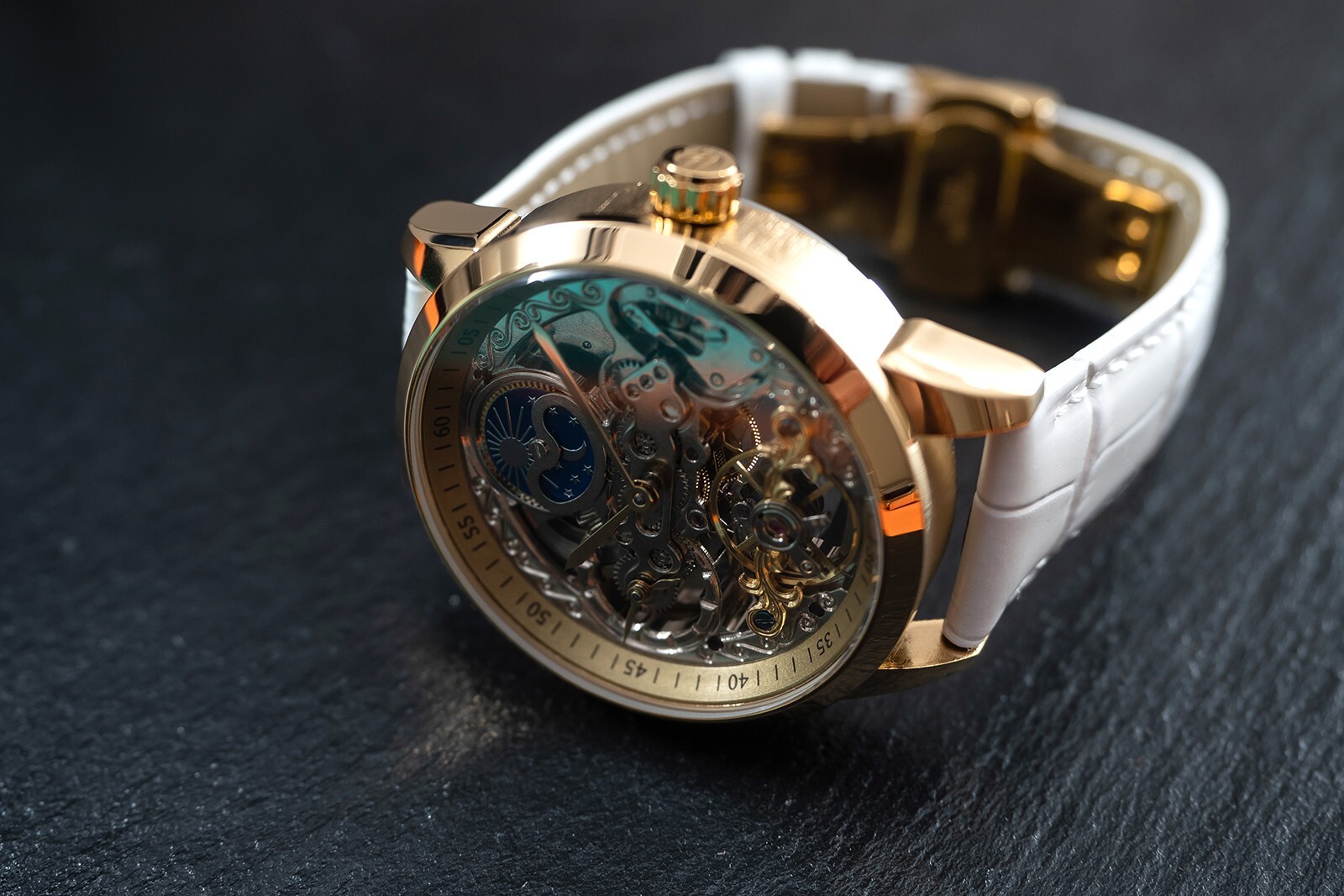 Mens Gold Silver Dual Time Skeleton Automatic Mechanical Watch White Strap