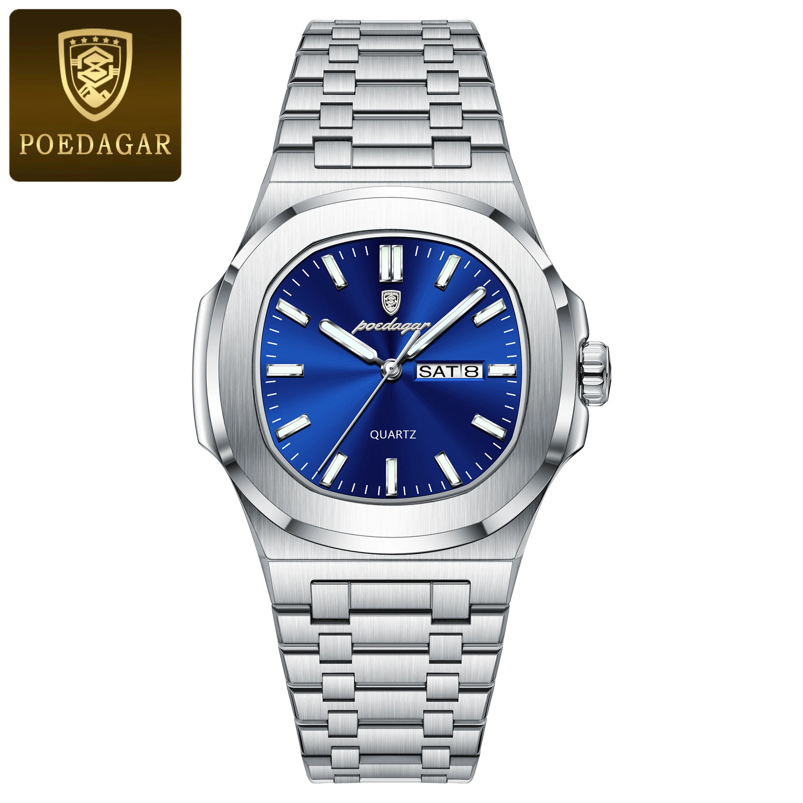 POEDAGAR Men’s Square Quartz Watch Waterproof Luminous Date Week Stainless Steel