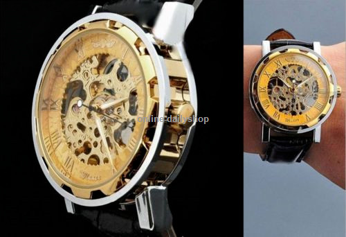 Luxury Men’s Skeleton Leather Steampunk Mechanical Wrist Watch Gold