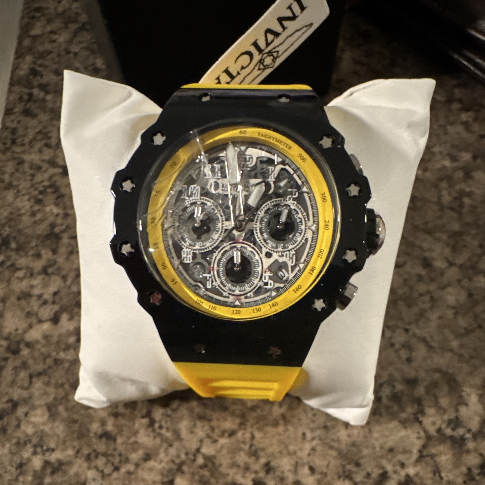 Invicta Men’s Chronograph Quartz Analog Watch 100m Black Dial Yellow Strap Box