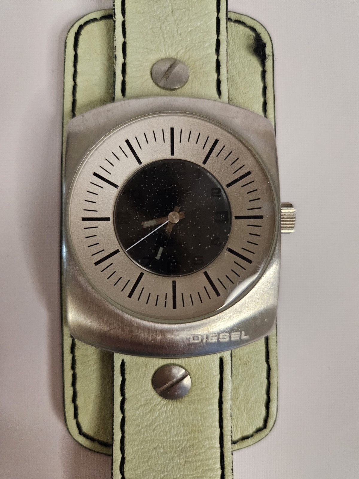 Diesel Analog Quartz Watch Square Silver Case Black/Silver Dial Green Leather