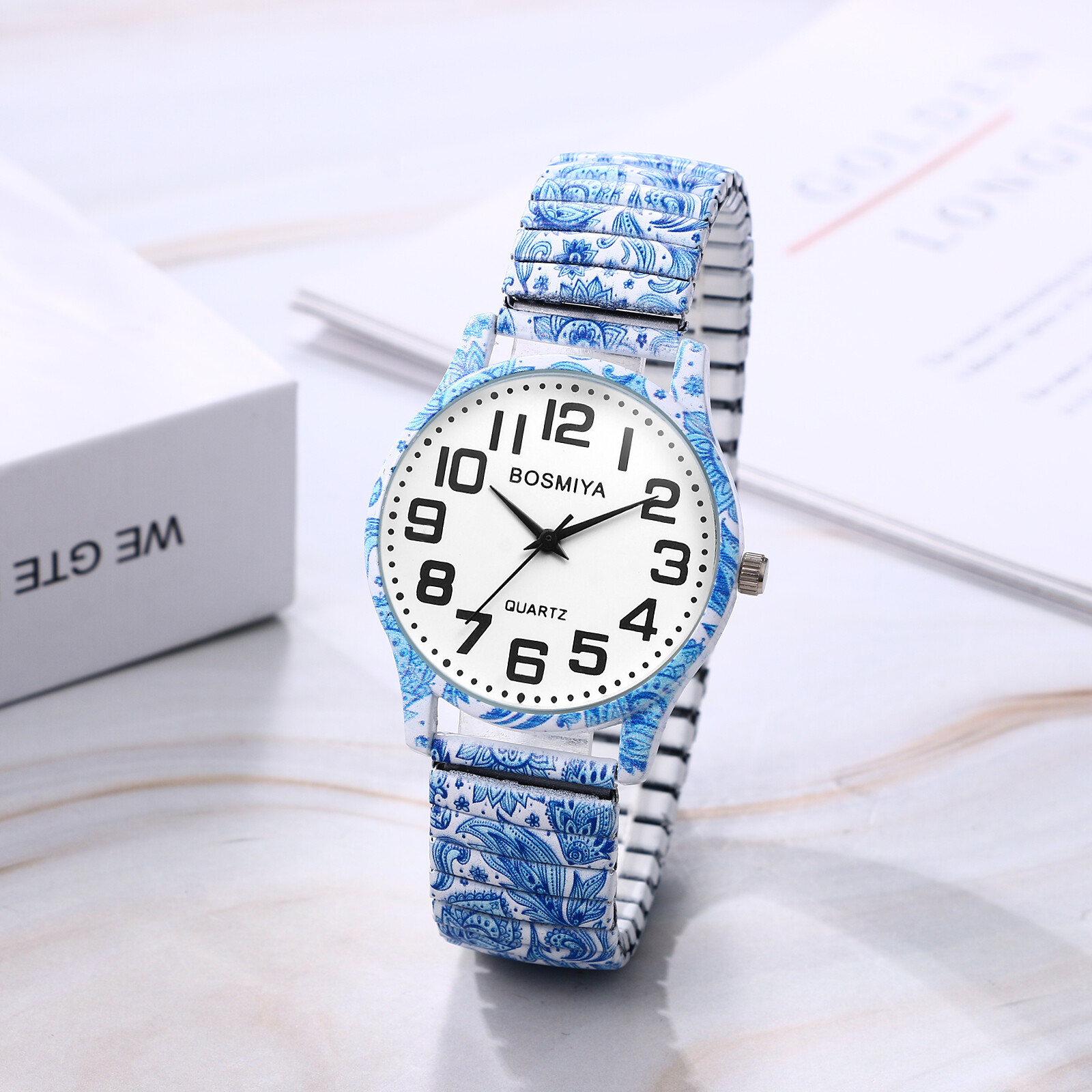 Womens Girls Boho Printed Elastic Band Big Numbers Round Dial Analog Wrist Watch