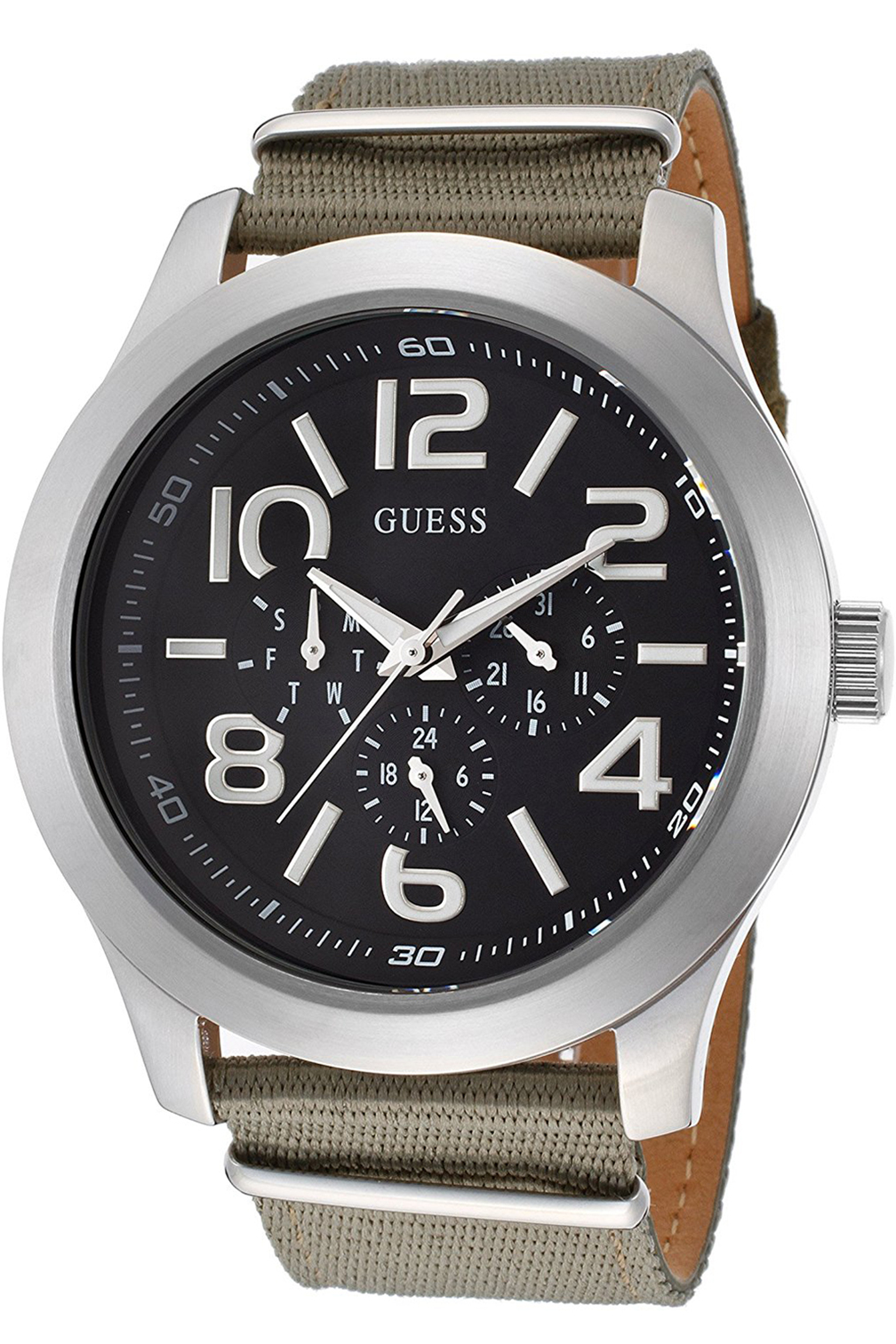 GUESS W10617G1,Men’s Multi-function,Steel Case,Fabric Strap,Screw Back,100m WR