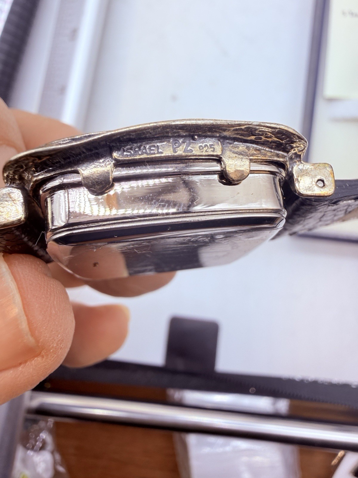Or Paz Israel Silver Ladies Watch Black Leather Strap Rose Mother of Pearl Face