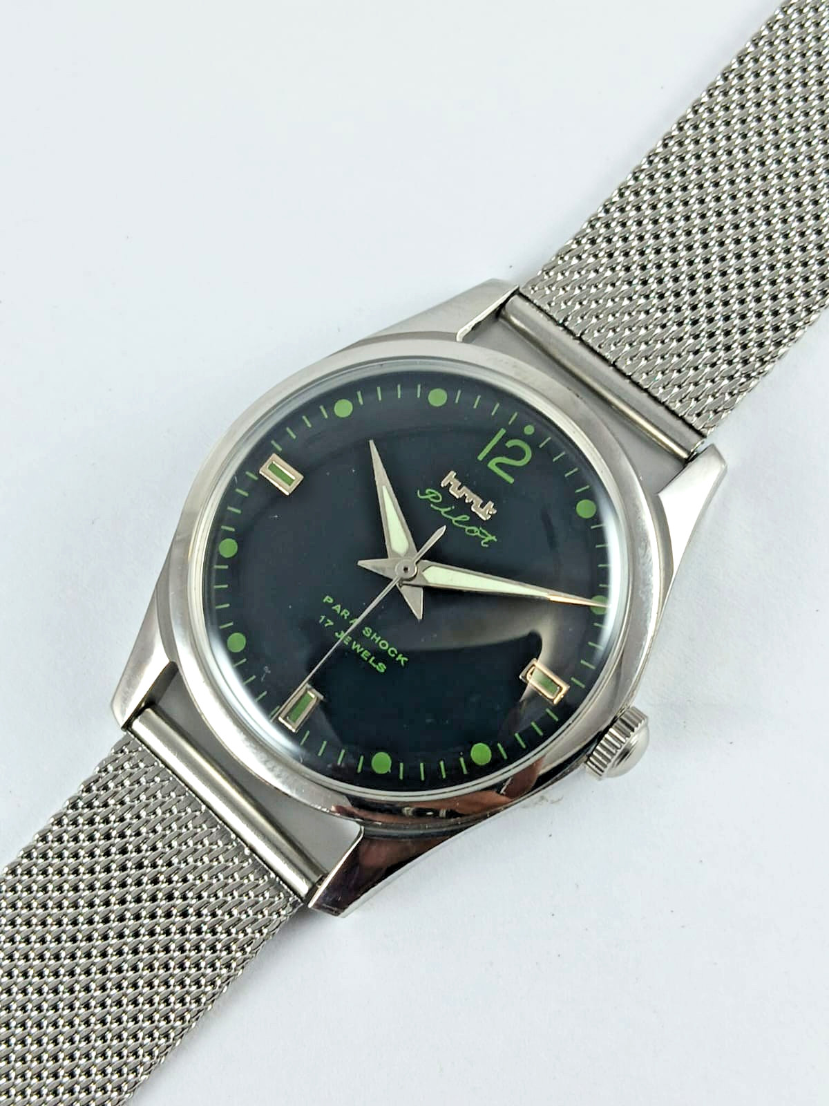 HMT Pilot Vintage Mechanical Watch Black Dial Green Lume 17 Jewels