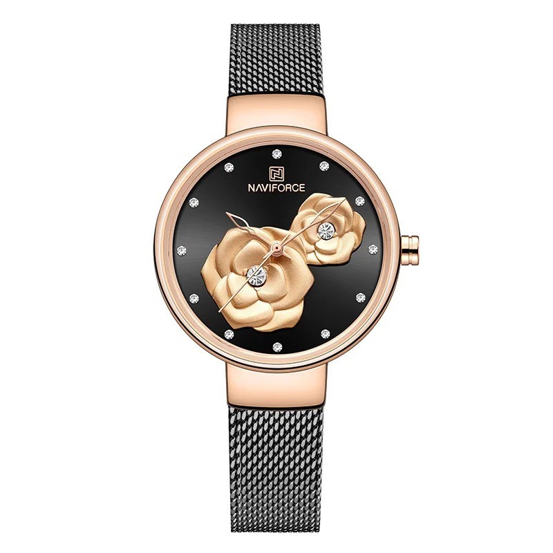 NAVIFORCE Women Rose Gold Mesh Band Quartz Watch Luxury Flower Fashion Dial