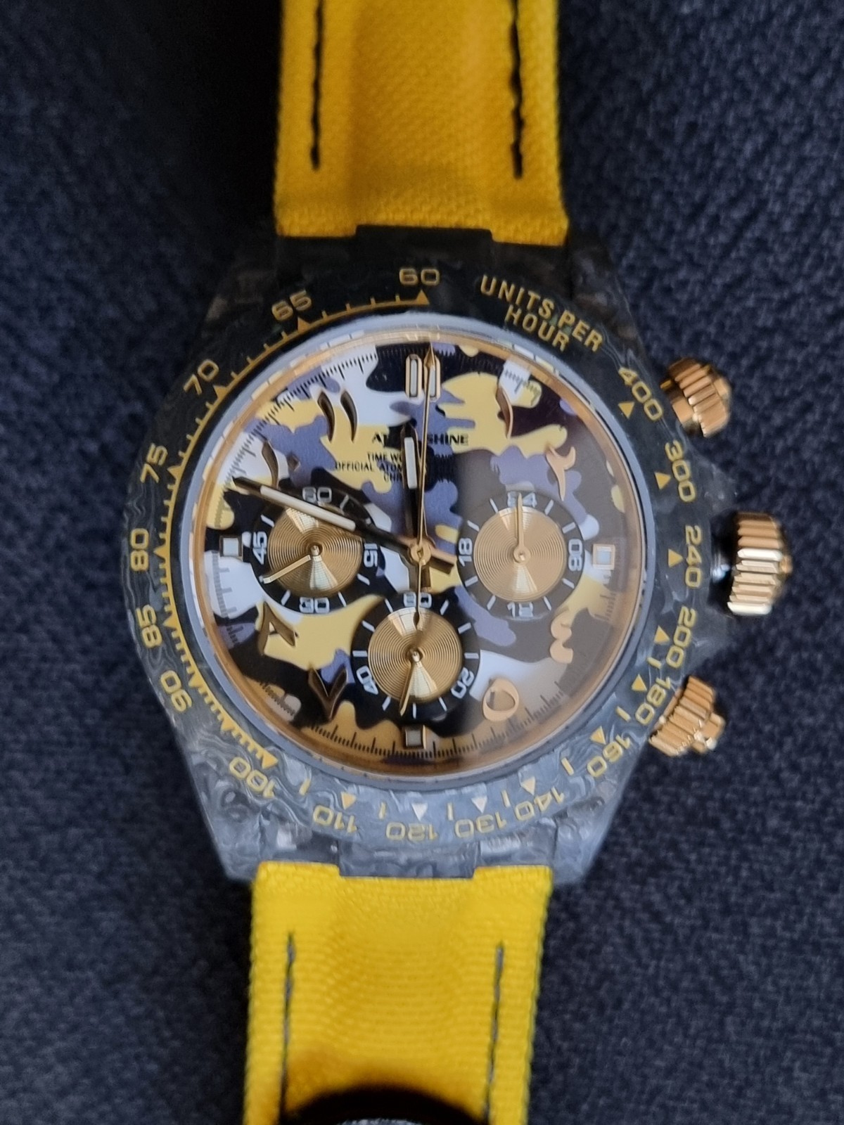 ATOMI SHINE CHRONOGRAPH WATCH BLACK YELLOW & GREY DIAL IN VELOCIREX CARBON FIBRE