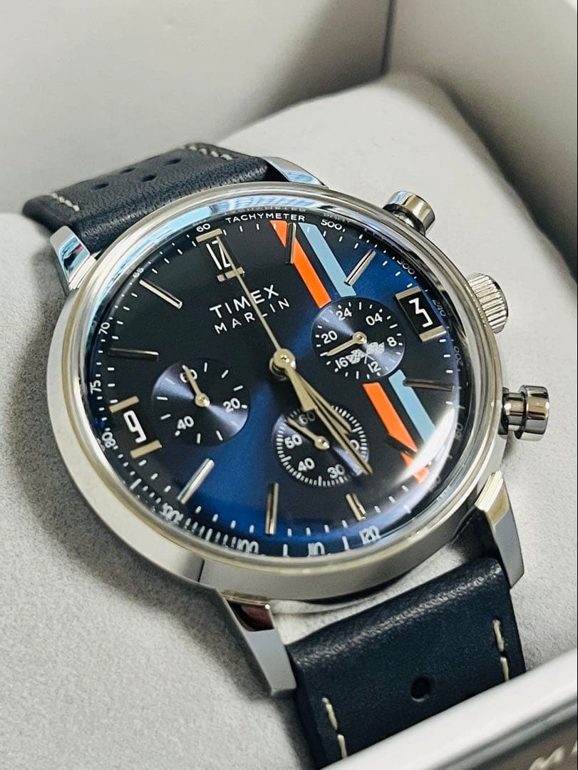 Timex Marlin Chronograph Watch Mens 40mm Leather Navy Dial wrist 21cm Quartz