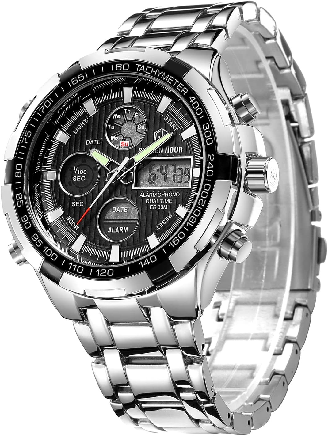 GOLDEN HOUR Luxury Stainless Steel Analog Digital Watches for Men Male Outdoor S
