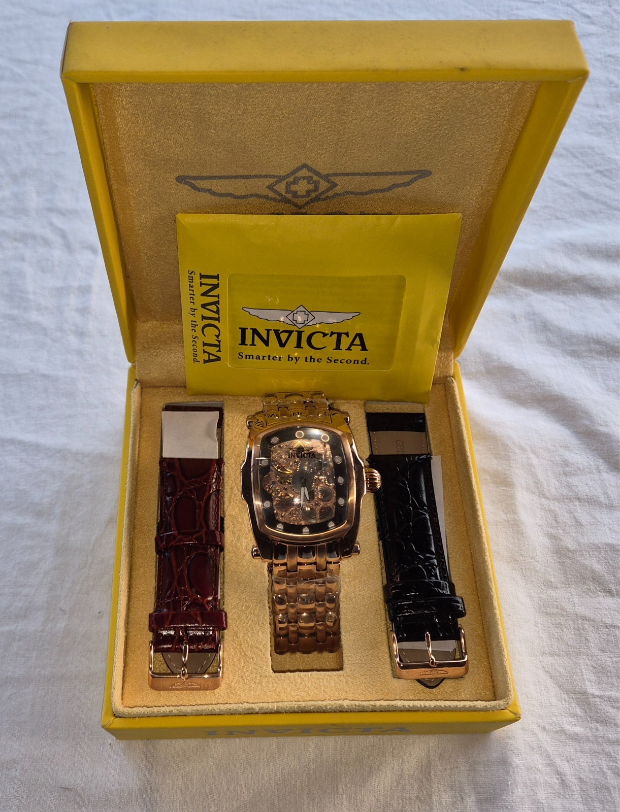 Invicta Lupah 1093 Mechanical Skeleton Rose Gold Men’s Watch Box Manual Straps