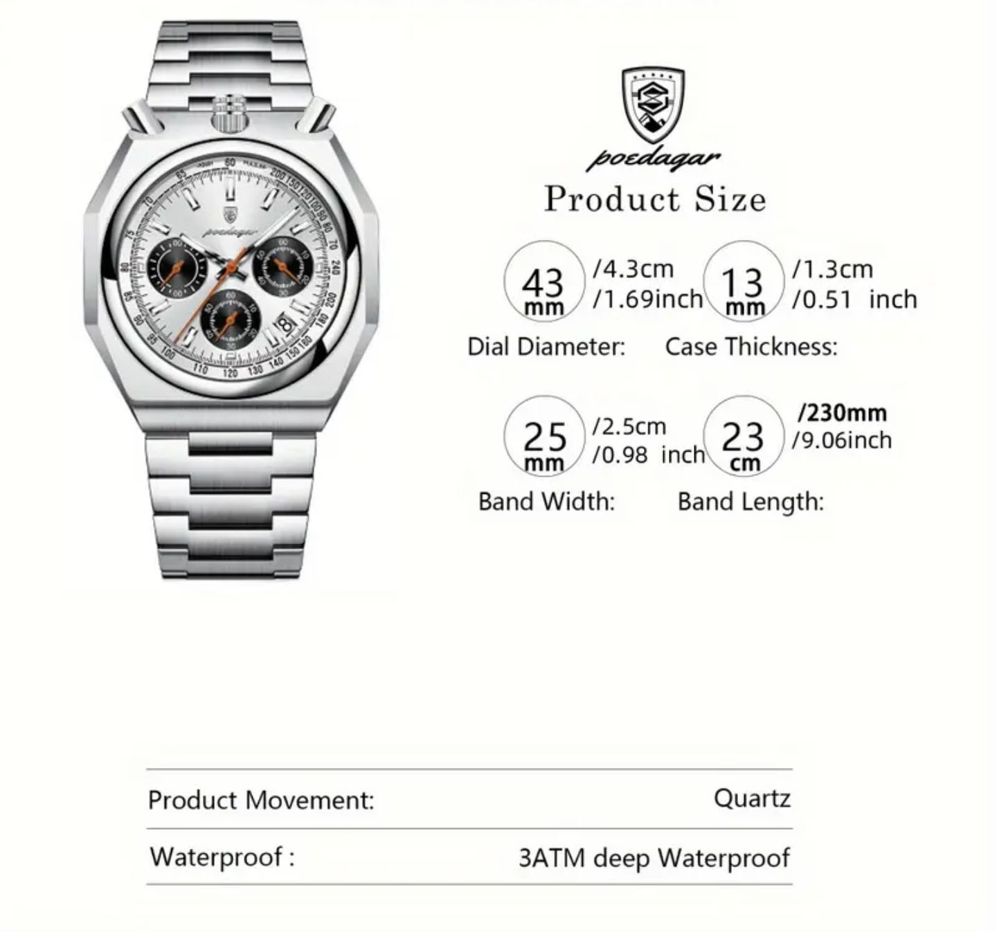 Men’s Retro Vintage Design Bullhead Octagon Chronograph Racing Driver 43mm Watch