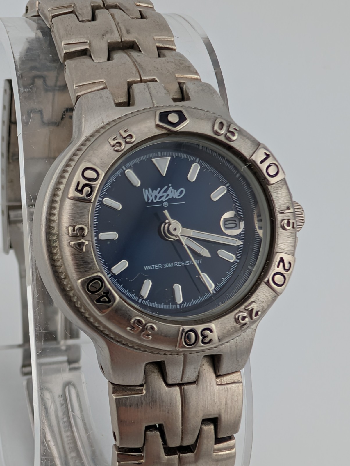Vintage Mossimo Watch Women 28mm Case Blue Dial 6.5″ Silver Band- New Battery