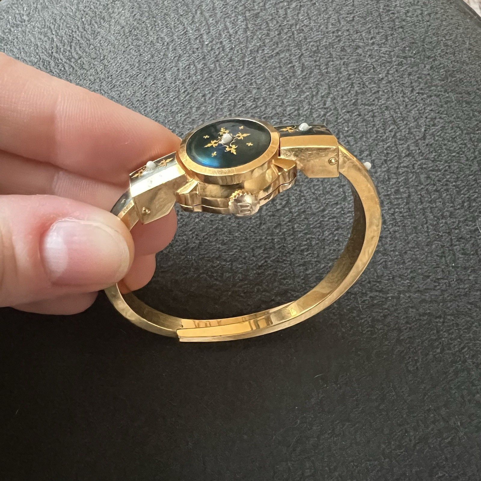 Rare Vintage Bucherer 17 Jewels Flip Watch Gold Plated Enamel And Pearl Detail