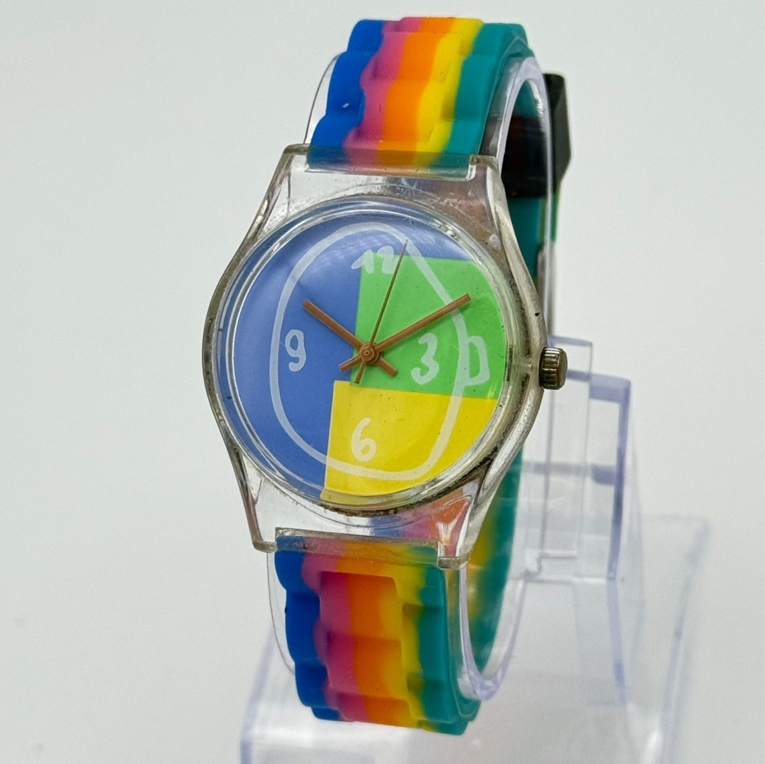 Vintage 1990s Unisex Unbranded SOS KINDERDOF Style Multicolor & Clear Watch Runs