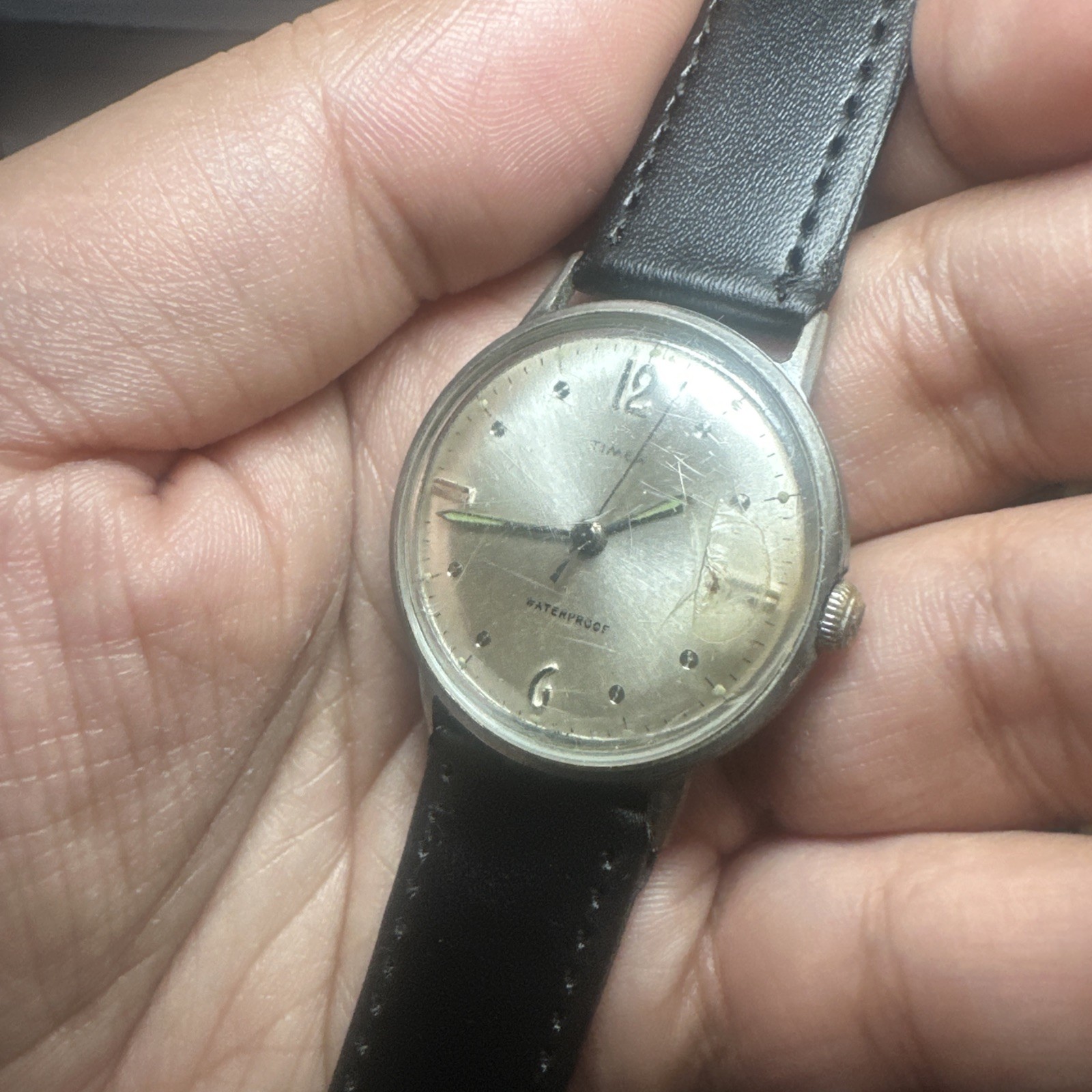 Working VTG 1967 Timex Marlin Dot-Dash Manual Wind Rare Watch 33mm -Bad Crystal