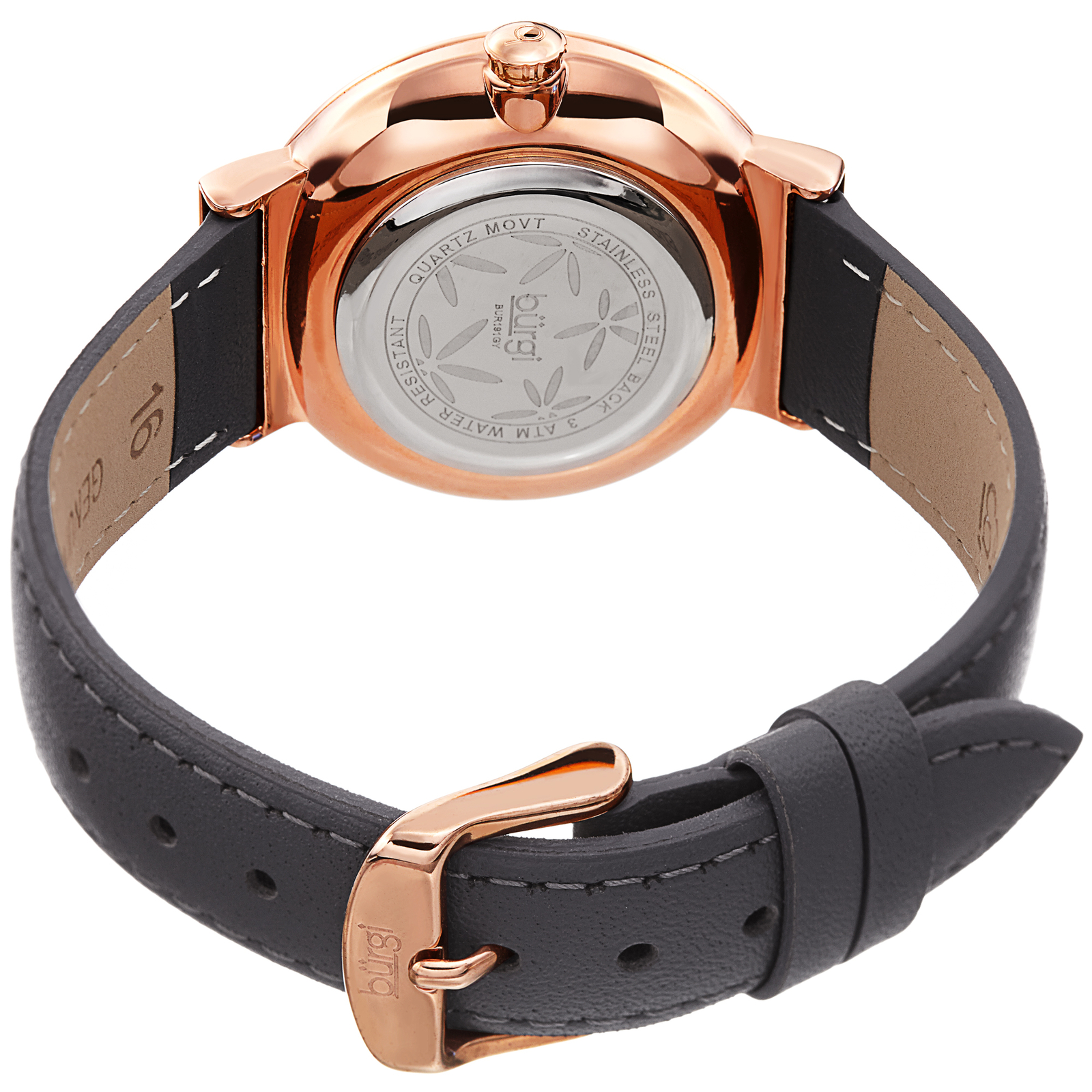 Women’s BUR191GY Grey Gold Tone Flower Glitter Genuine Leather Strap Watch