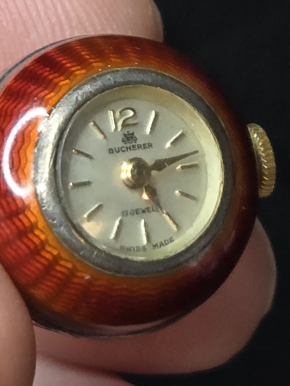 Bucherer Guilloche Enamel Red Swiss 17j Mechanical Pendant Watch VTG
